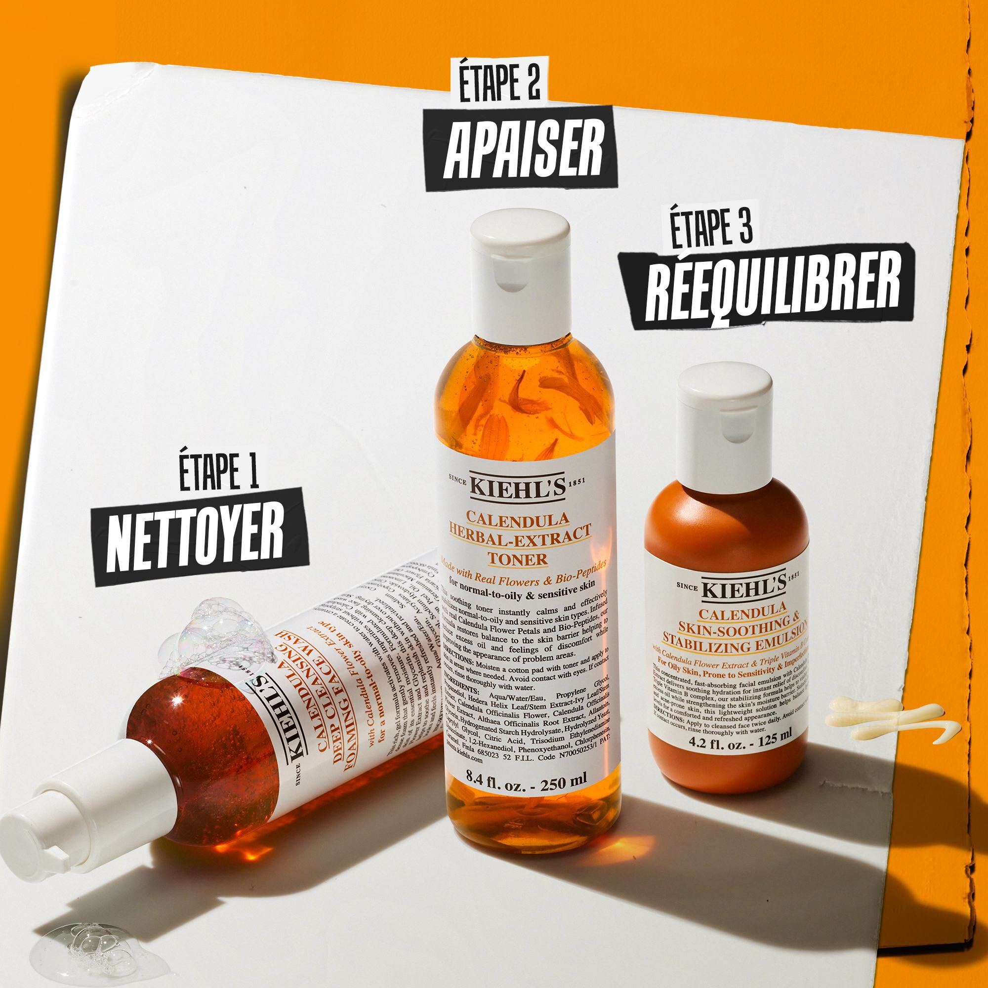 Une routine en trois etapes avec les produits Kiehl's. Etape 1 : Nettoyant moussant Calendula Deep Cleansing Foaming Wash. Etape 2 : Tonique Calendula Herbal-Extract Toner. Etape 3 : Emulsion apaisante et stabilisante Calendula Skin Soothing Stabilizing Emulsion.