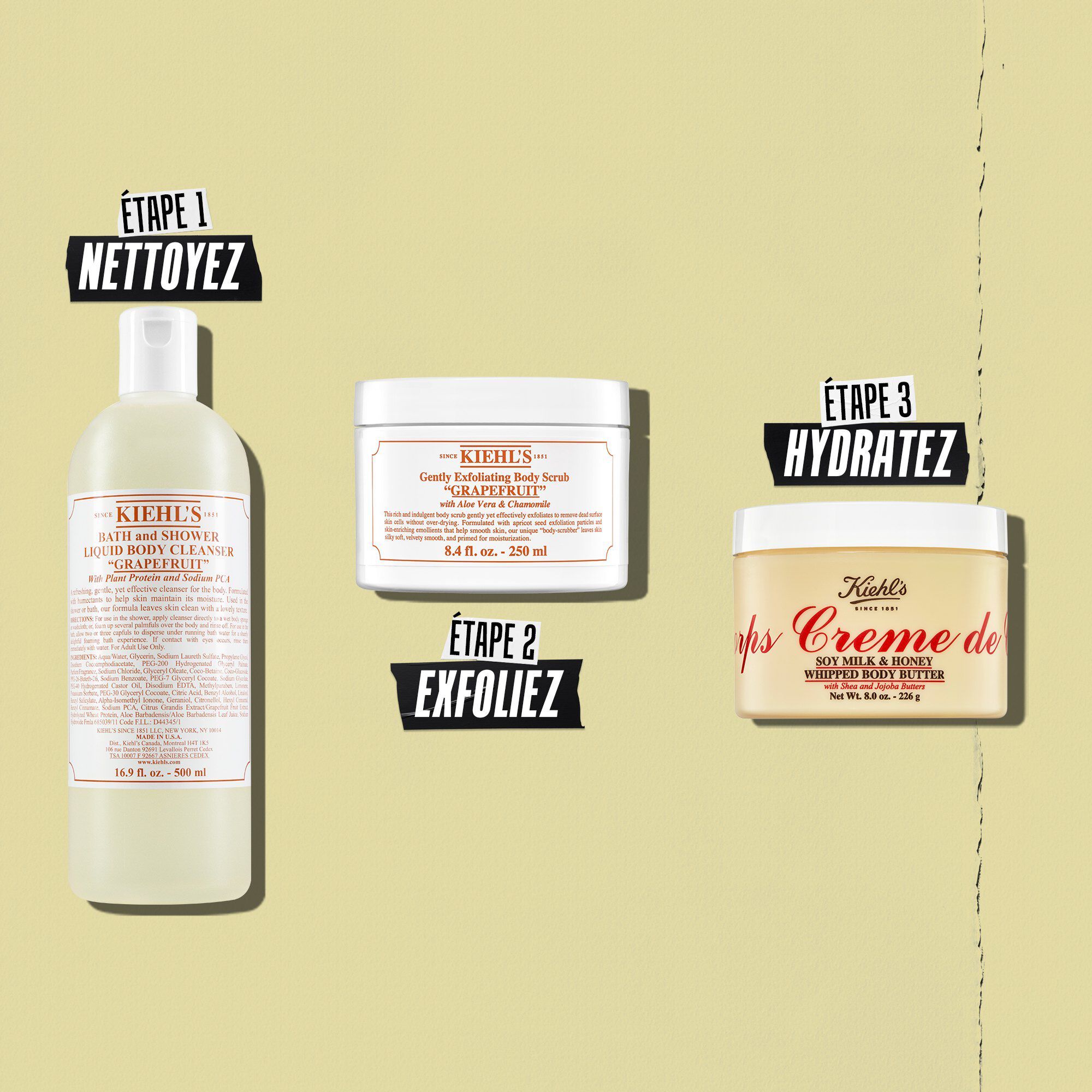 Illustration de la routine du Beurre Corporel Fouette Creme de Corps - Nettoyer, Exfolier, Hydrater