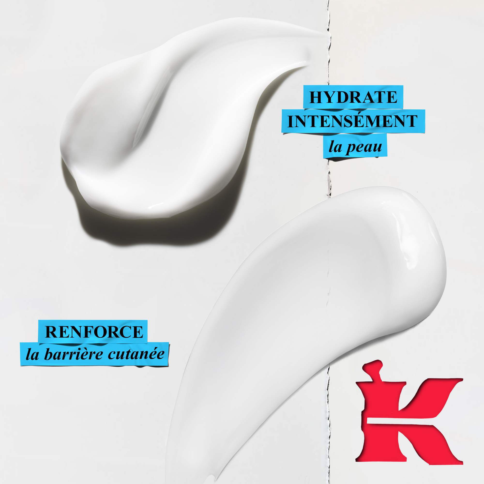 Des echantillons de la creme hydratante et de la creme hydratante Kiehl’s, mettant en valeur leurs textures avec le logo « K » de la marque.