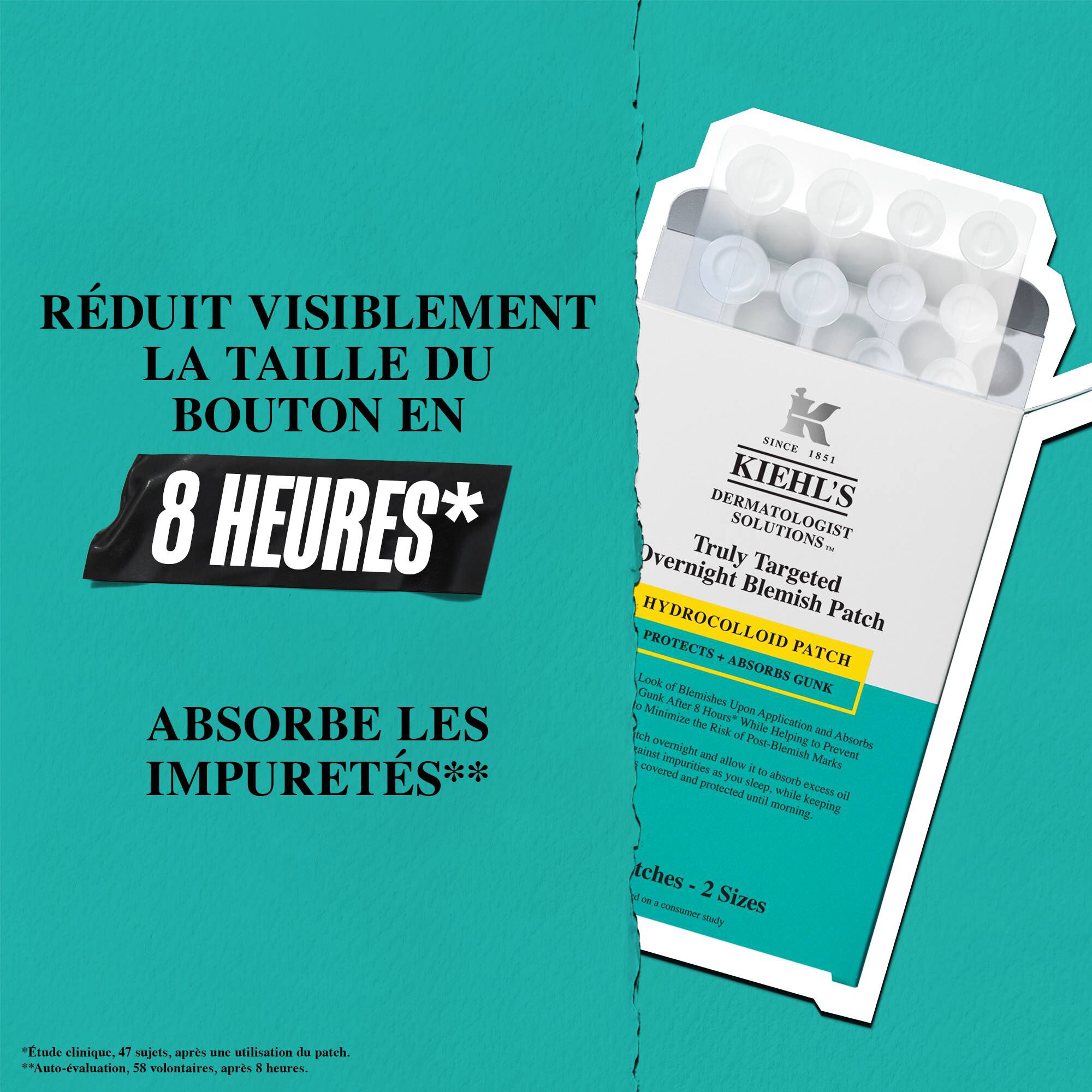 Kiehl's Truly Targeted Overnight Blemish Patch, highlighting its ability to absorb oil in 3 hours and reduce pimple volume by 36% after 8 hours.