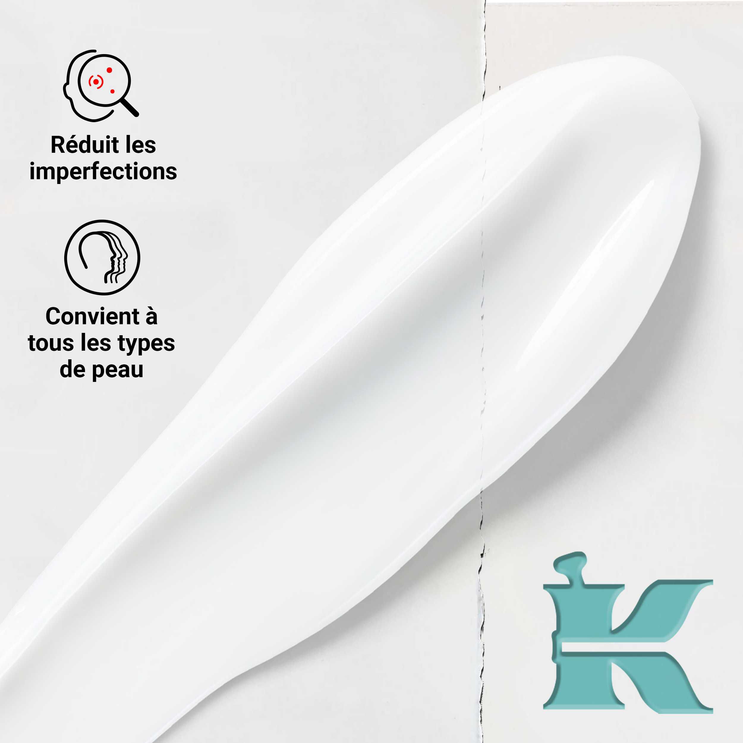 Gros plan sur la texture de la lotion Expertly Clear Blemish-Treating & Preventing Lotion montrant une formule cremeuse. Le texte souligne sa capacite a reduire les imperfections et sa compatibilite avec tous les types de peau.