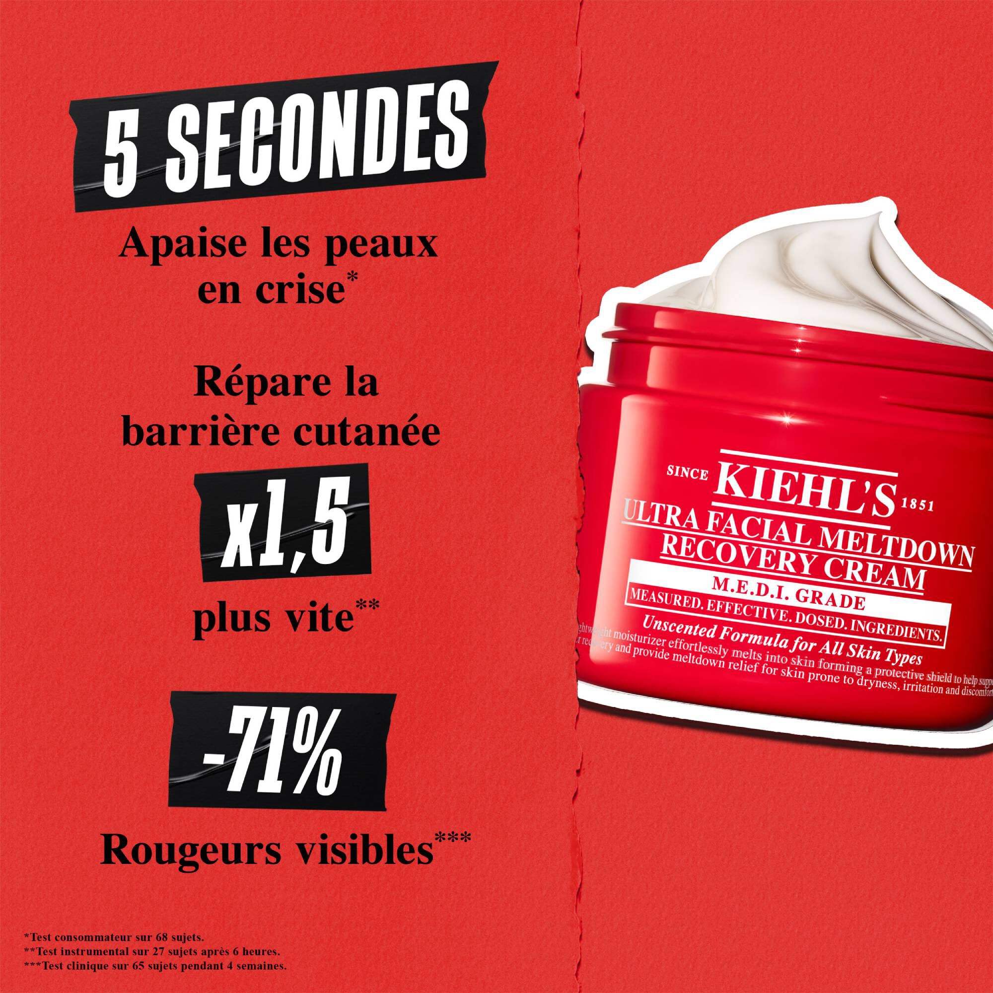 Fond rouge avec pot de creme. Le texte indique : Soulagement de l'irritation cutanee en 5 s, recuperation de la barriere +50 % plus rapide et rougeurs visibles -71 %.