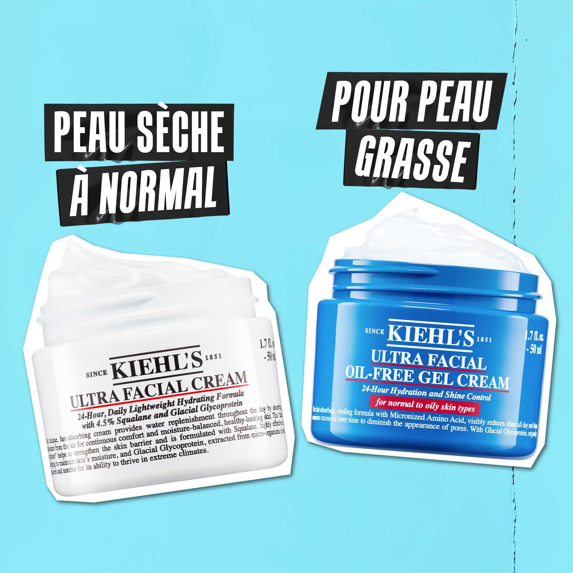 Deux pots Kiehl's presentes cote a cote sur fond bleu. La creme Ultra Facial Cream est etiquetee « Pour tous les types de peau » et le gel-creme Ultra Facial Oil-Free Gel Cream est etiquete « Peau grasse ».
