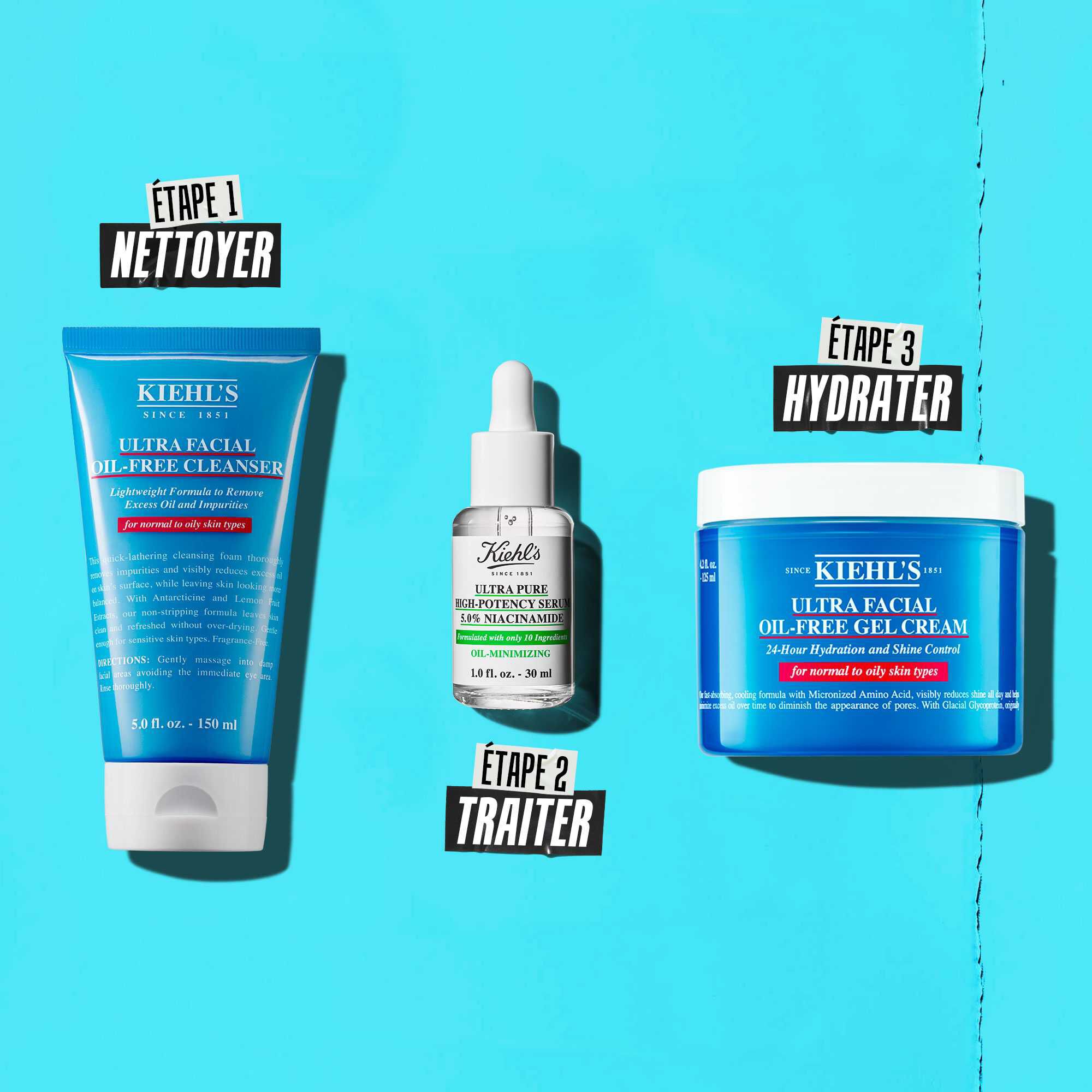 Une routine en trois etapes avec les produits Kiehl's. Etape 1 : Ultra Facial Oil-Free Cleanser. Etape 2 : Serum a la Niacinamide. Etape 3 : Ultra Facial Oil-Free Gel Cream.