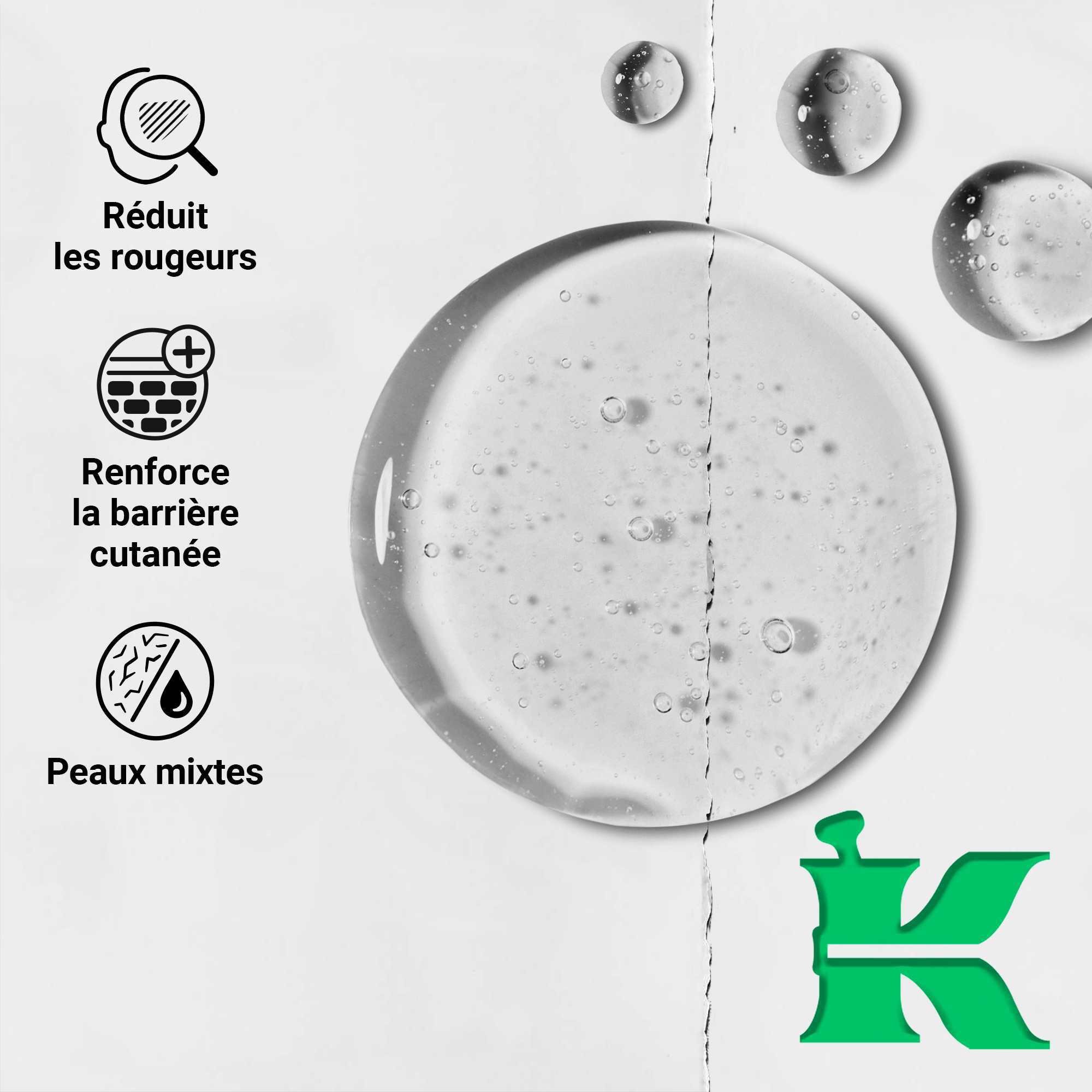 Photo de la texture avec des icones : reduit les rougeurs, renforce la barriere cutanee, pour peaux mixtes