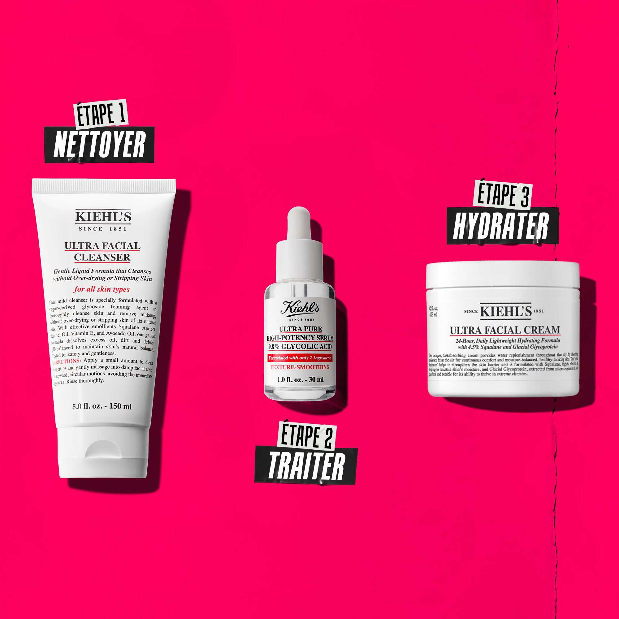Une routine en trois etapes avec les produits Kiehl's. Etape 1 : Ultra Facial Cleanser. Etape 2 : Serum a l'acide glycolique. Etape 3 : Ultra Facial Cream.