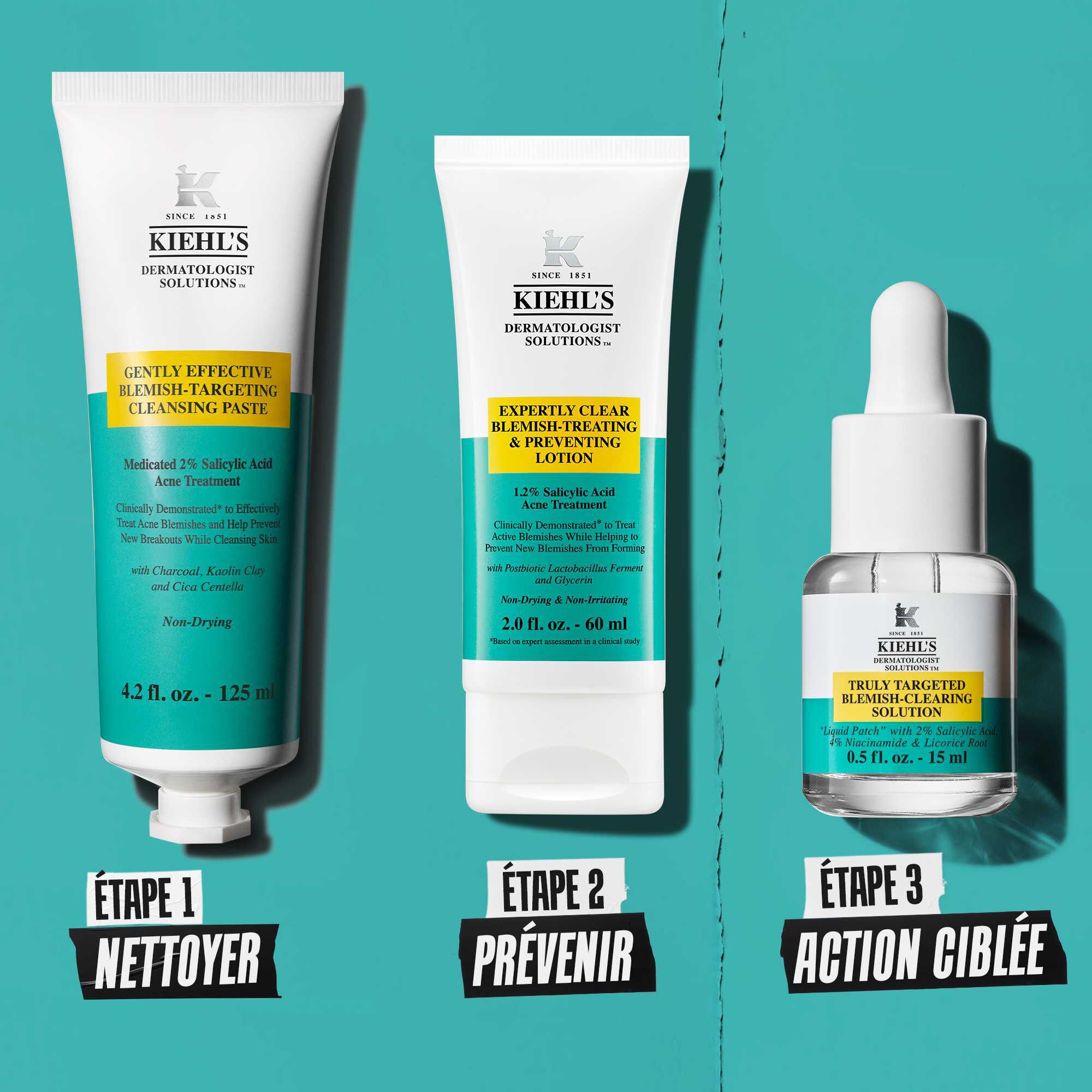 Une routine anti-imperfections en trois etapes avec les produits Kiehl's. Etape 1 : Pate nettoyante traitante. Etape 2 : Lotion traitante et preventive. Etape 3 : Solution ciblee anti-imperfections.