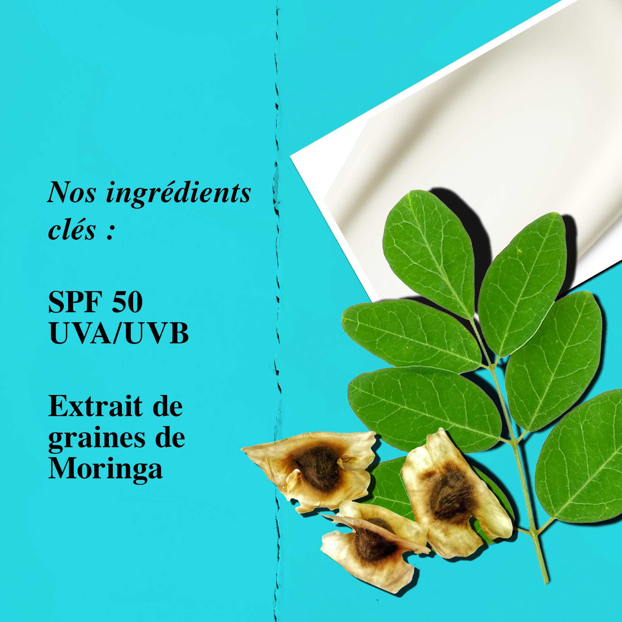 Un graphique mettant en avant les ingredients cles de l'Ultra Light Daily UV Defense Aqua Gel, incluant le SPF 50 et l'extrait de graines de moringa.