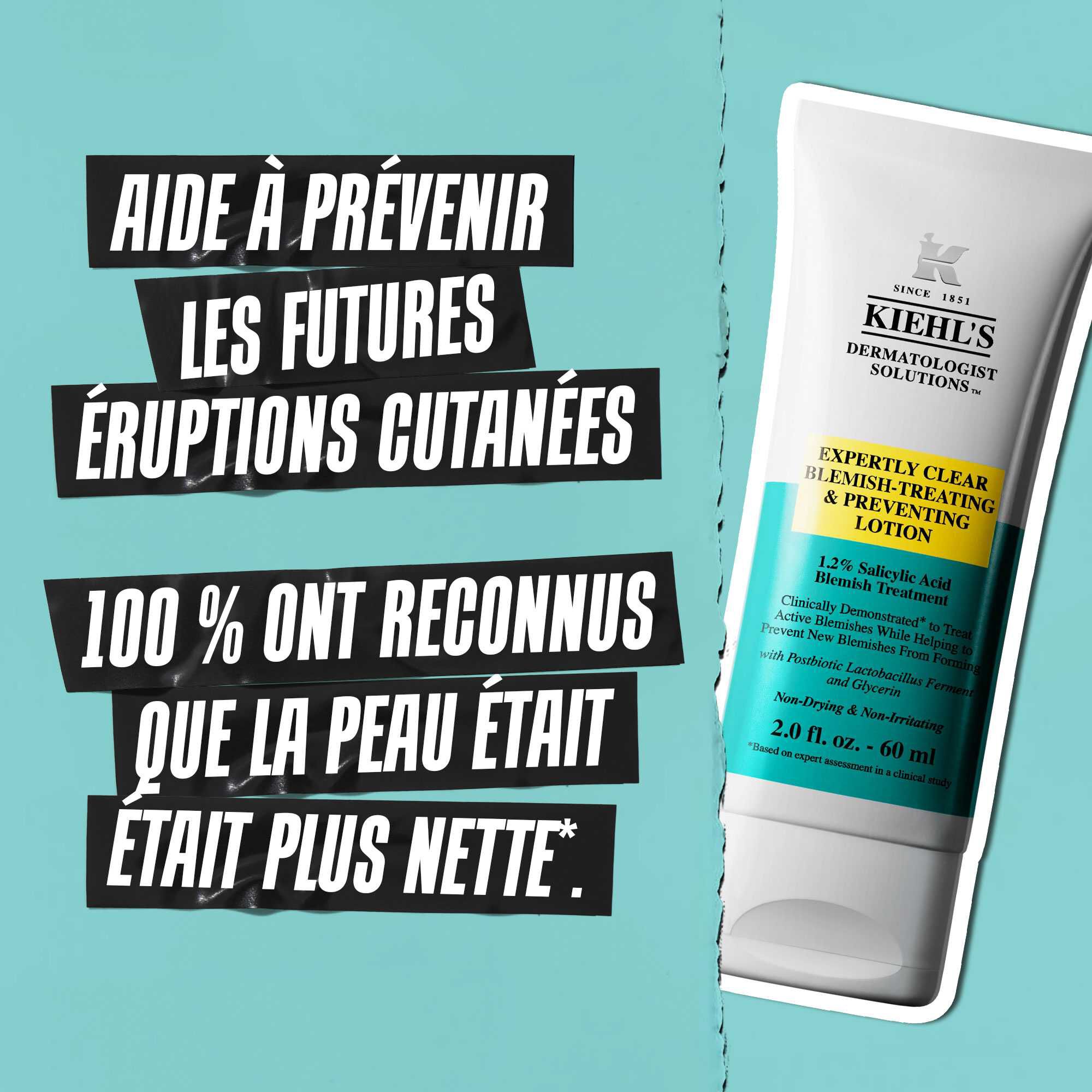 Un tube de lotion Expertly Clear Blemish-Treating & Preventing Lotion sur fond bleu avec le texte : « Aide a prevenir les futures eruptions » et « 100 % ont montre une peau plus nette. »