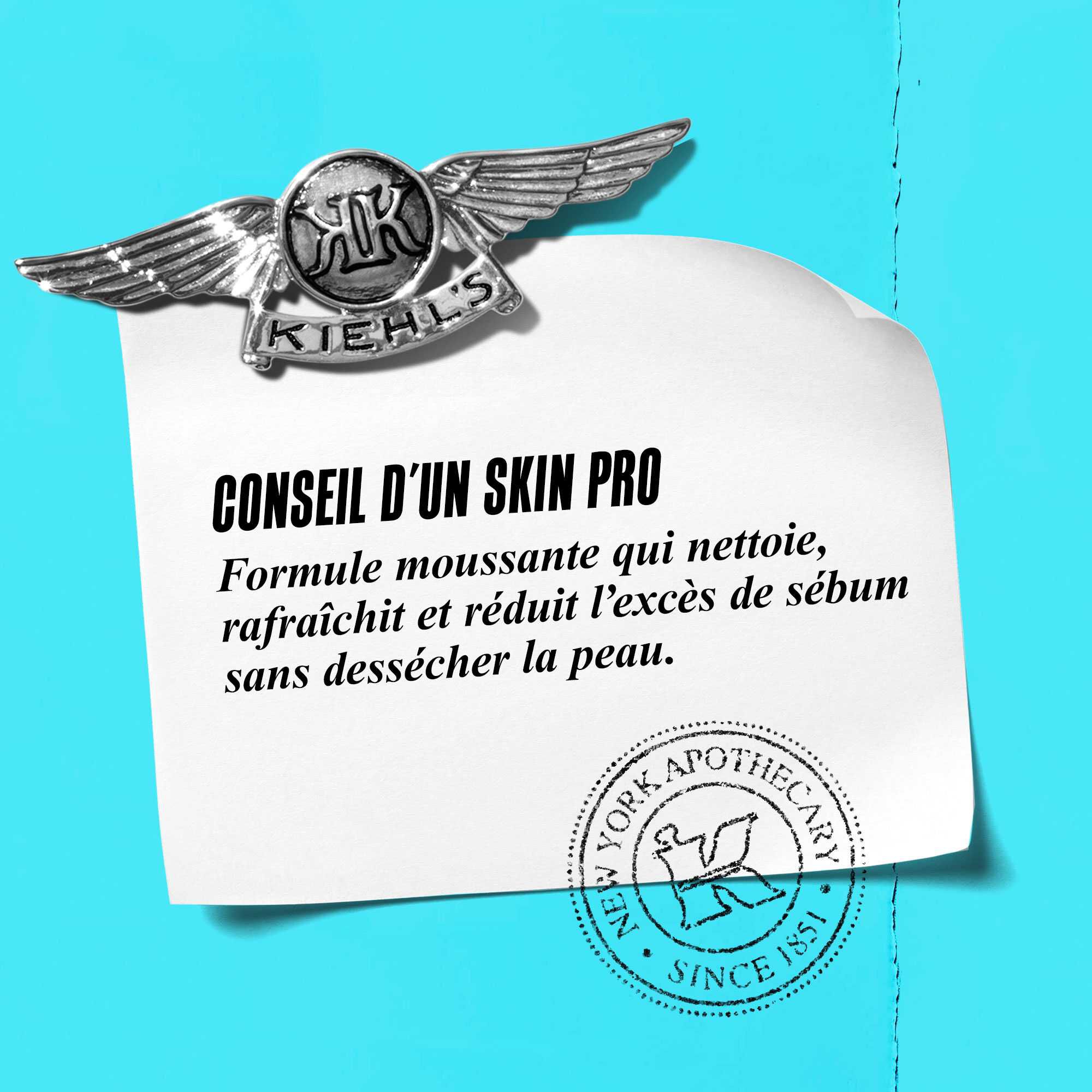 Graphique avec le texte : « Conseil d'expert : Mousse rapidement pour former une mousse nettoyante qui rafraichit la peau et reduit le sebum sans dessecher. »