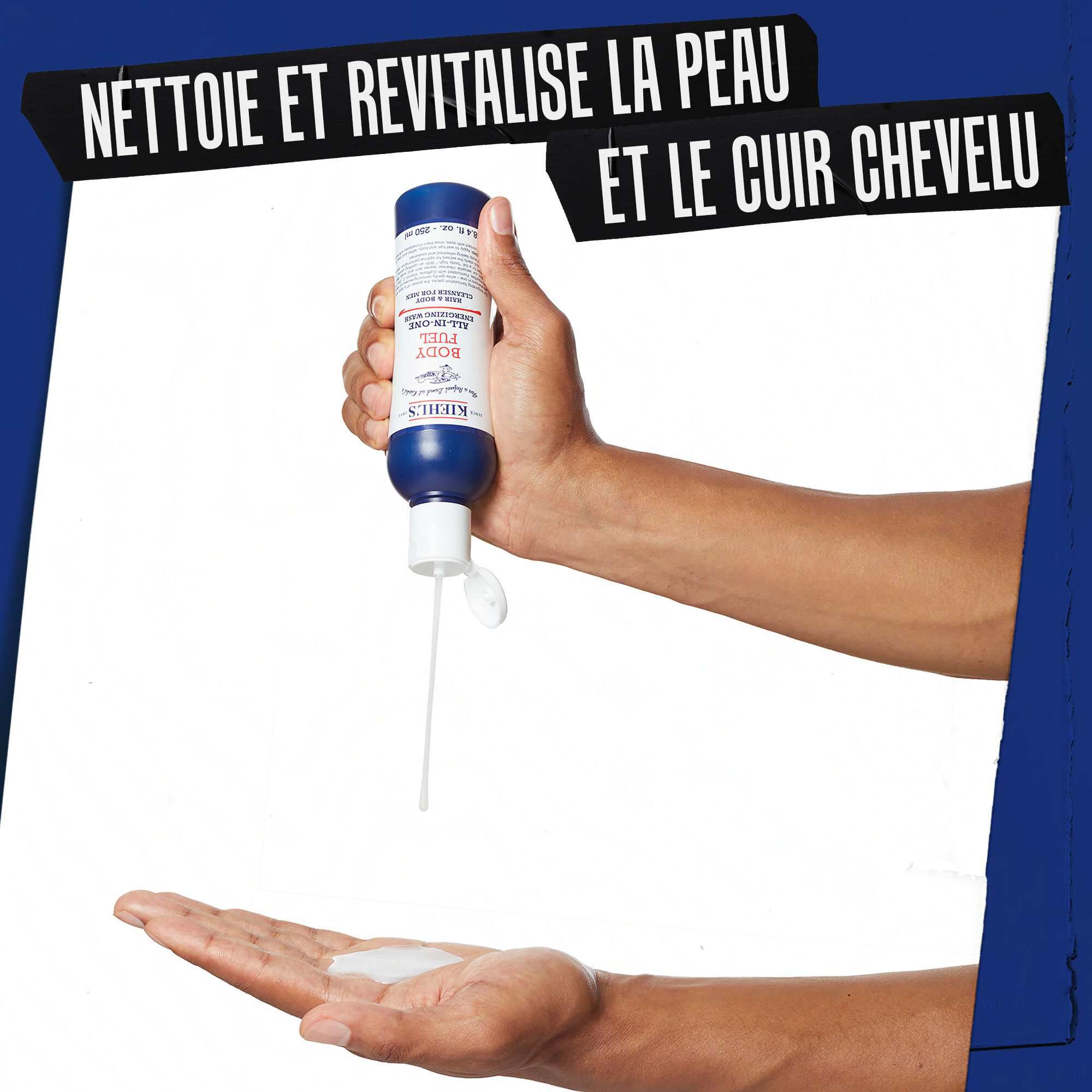 Une main prelevant le nettoyant Body Fuel ; nettoie et prend soin de la peau et du cuir chevelu.