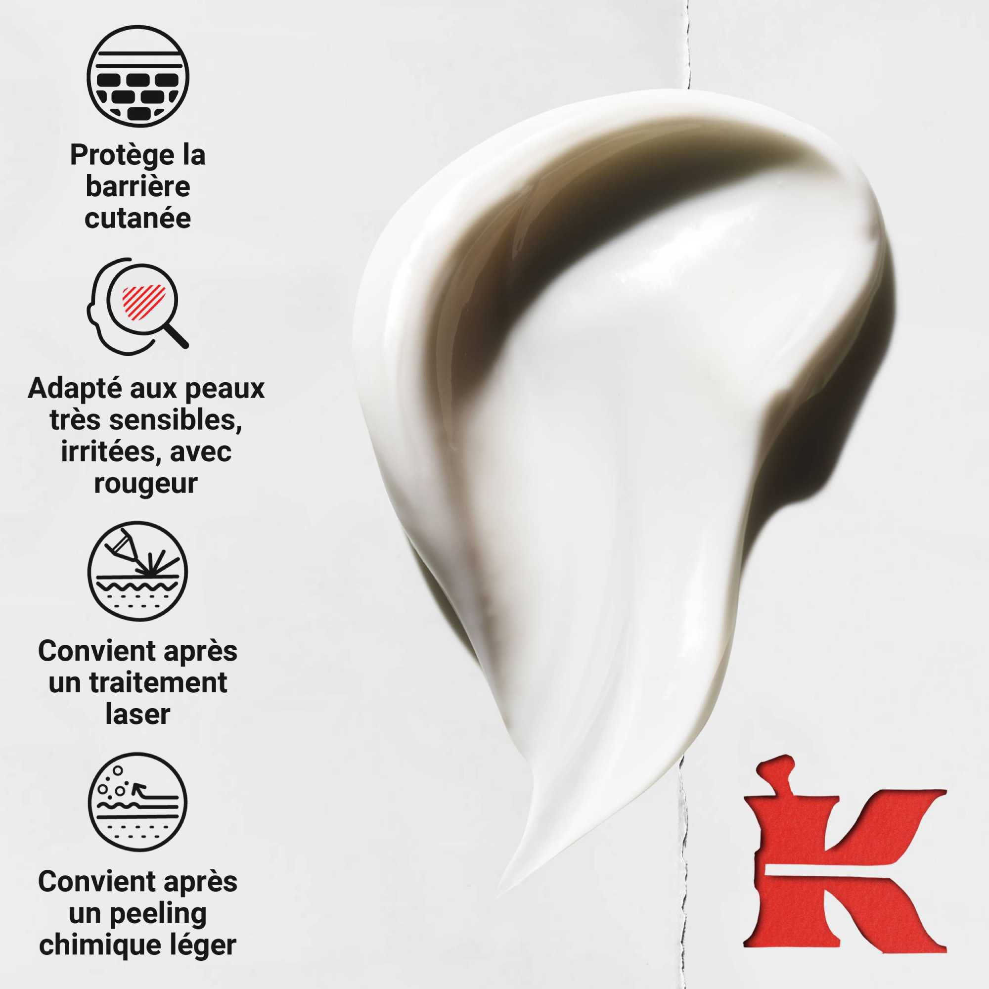 Tourbillon dynamique de creme epaisse ; des icones soulignent les bienfaits : convient aux peaux a tendance eczemateuse, protection de la barriere cutanee, post-laser et post-peeling chimique leger.