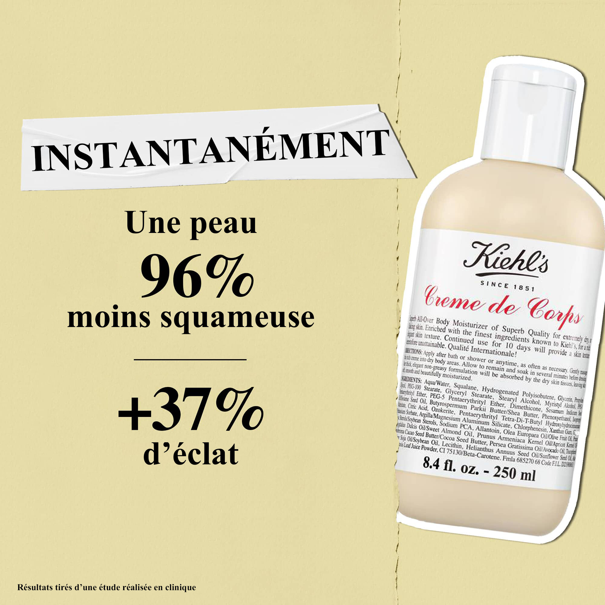 Le lait Kiehl's Creme de Corps reduit instantanement les squames de 96 % et augmente l'eclat de 37 %