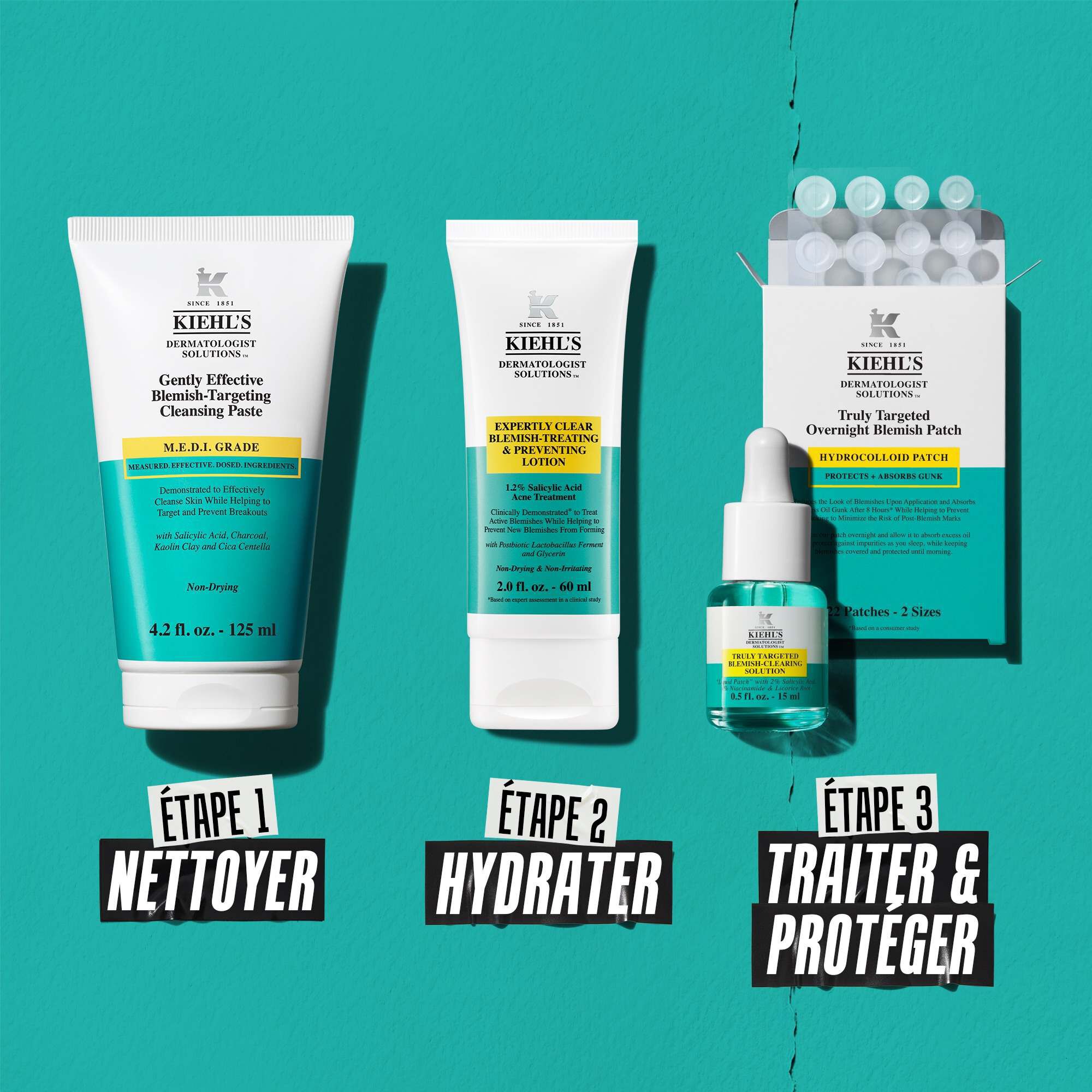 Kiehl’s acne regimen image showing three steps: cleanser, hydrating treatment, and duo of serum plus overnight blemish patches labeled “Step 1 Cleanse,” “Step 2 Hydrate,” “Step 3 Treat & Protect.” 