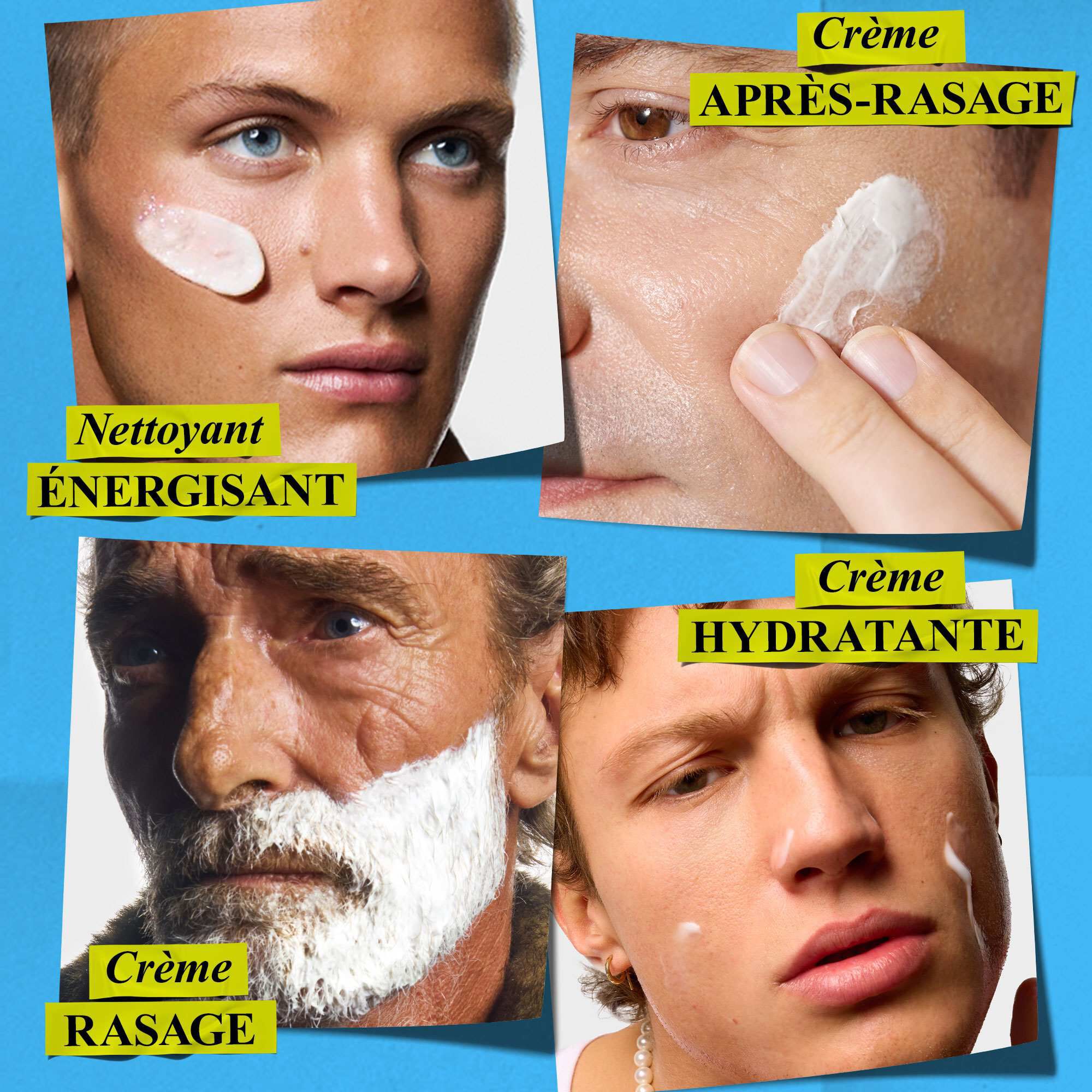 Quatre hommes presentent les soins de Kiehl’s pour hommes : nettoyage sans depouiller, apres-rasage apaisant, mousse sans brossage et creme hydratante vivifiante.