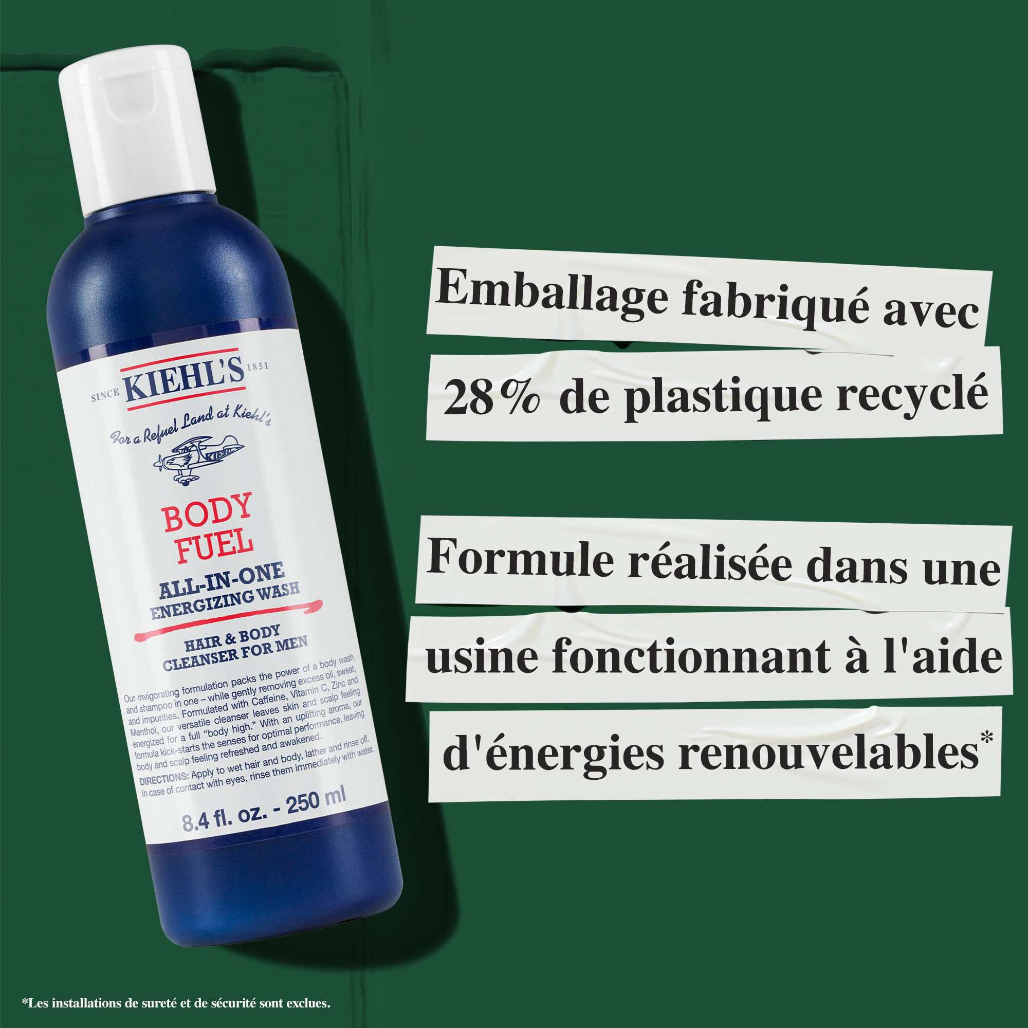 Flacon de Body Fuel compose a 28 % de plastique recycle ; formule fabriquee dans une usine utilisant de l'energie renouvelable.