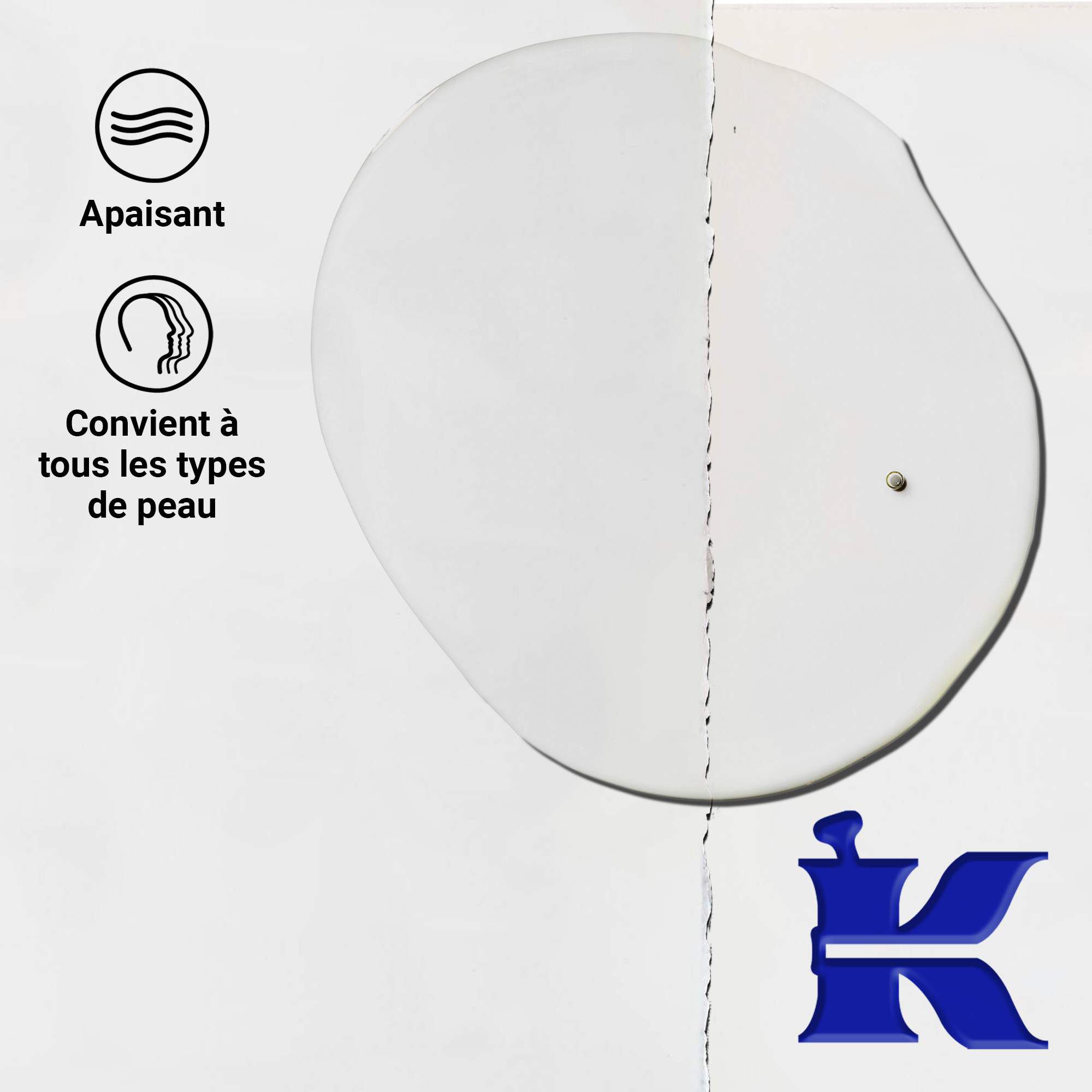 Gros plan sur la texture de l'huile pour le visage Midnight Recovery Concentrate. Le texte souligne sa capacite a lisser et apaiser, ainsi que sa compatibilite avec tous les types de peau.