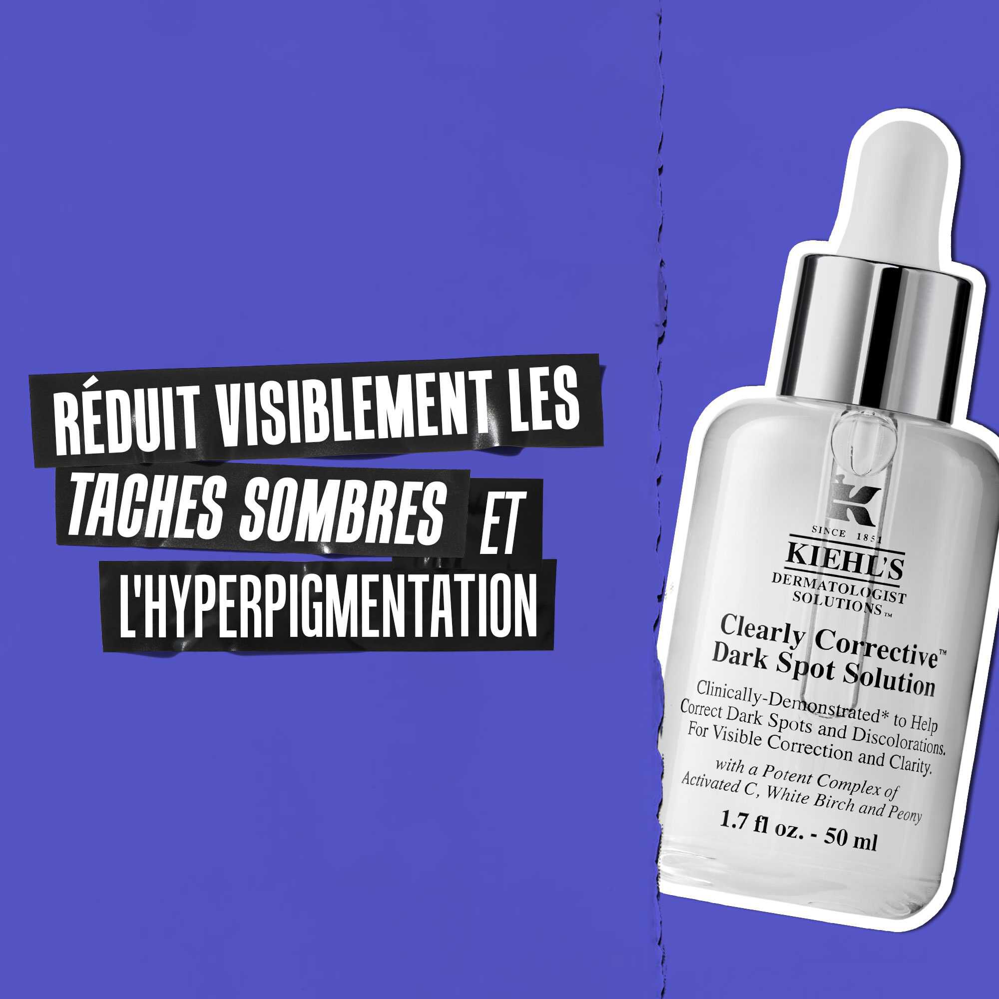 Flacon de Clearly Corrective Dark Spot Solution avec le texte : Reduit visiblement les taches brunes et l'hyperpigmentation.