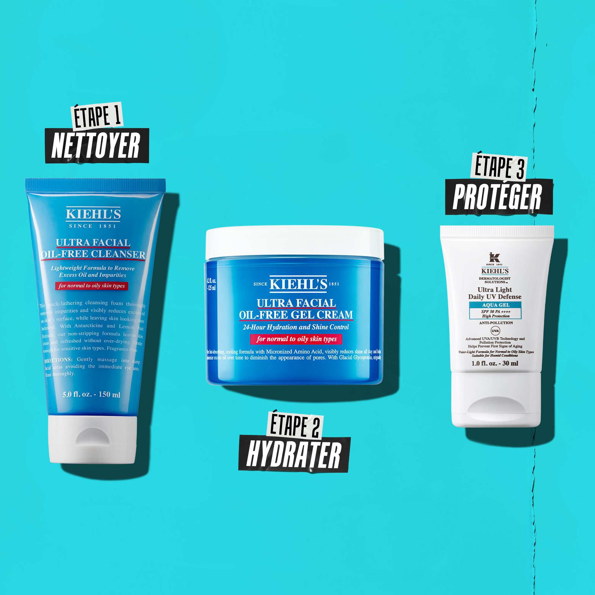 Une routine en trois etapes avec les produits Kiehl's. Etape 1 : Ultra Facial Oil-Free Cleanser. Etape 2 : Ultra Facial Oil-Free Gel Cream. Etape 3 : Ultra Light Daily UV Defense Aqua Gel.