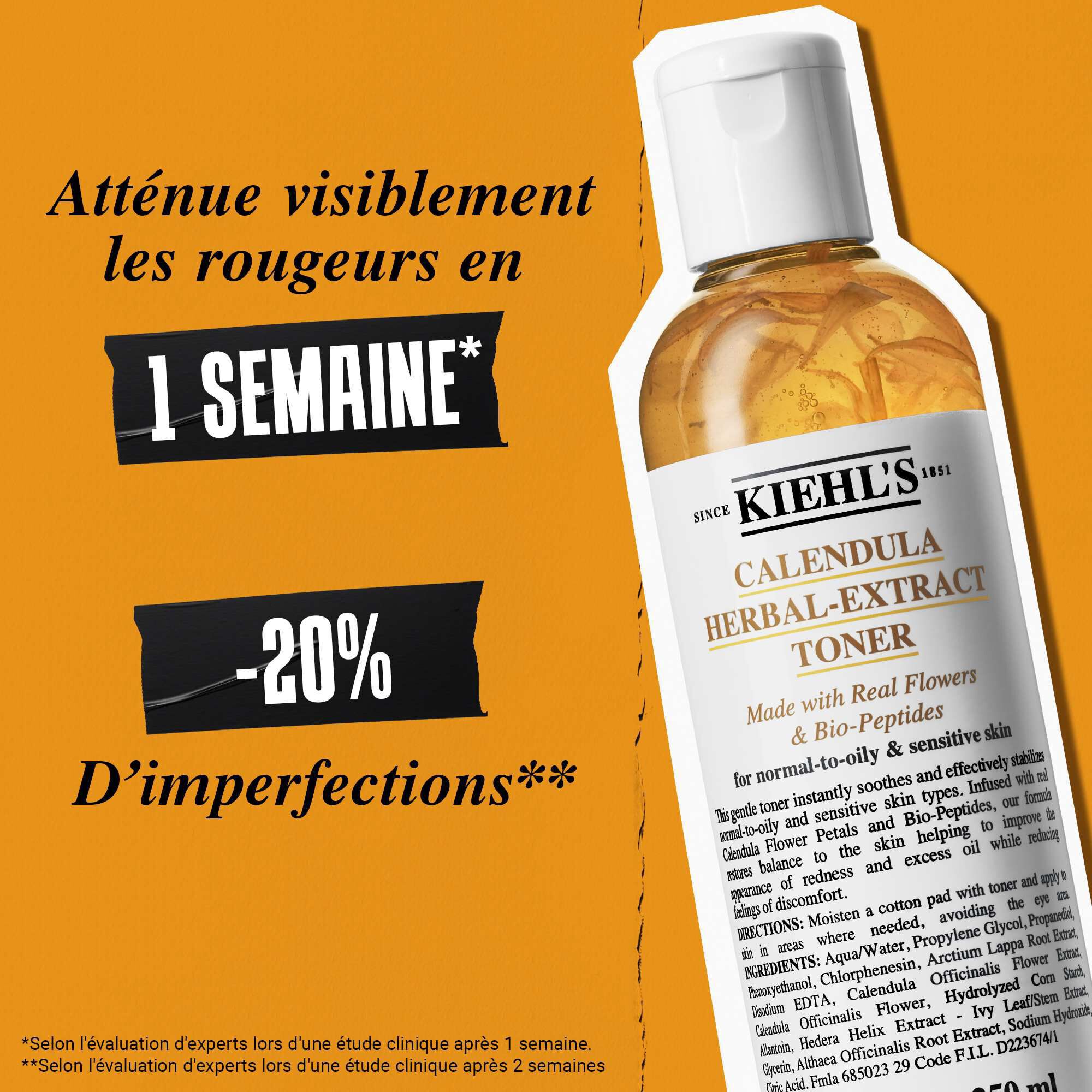 Un flacon de tonique Calendula Herbal-Extract Toner sur fond orange avec le texte : « Apres 3 jours : Voyez les premieres ameliorations sur les rougeurs, l'exces de sebum et la brillance, ainsi que l'apparence des pores. »