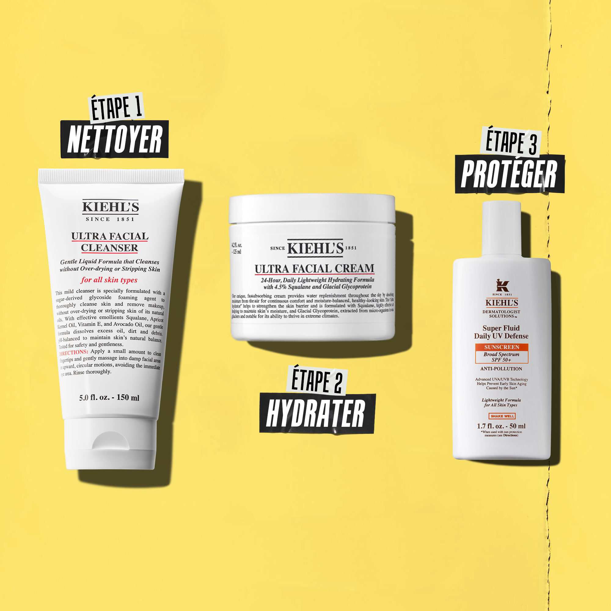 Trois produits Kiehl's representant une routine. De gauche a droite : nettoyant, hydratant et ecran solaire.