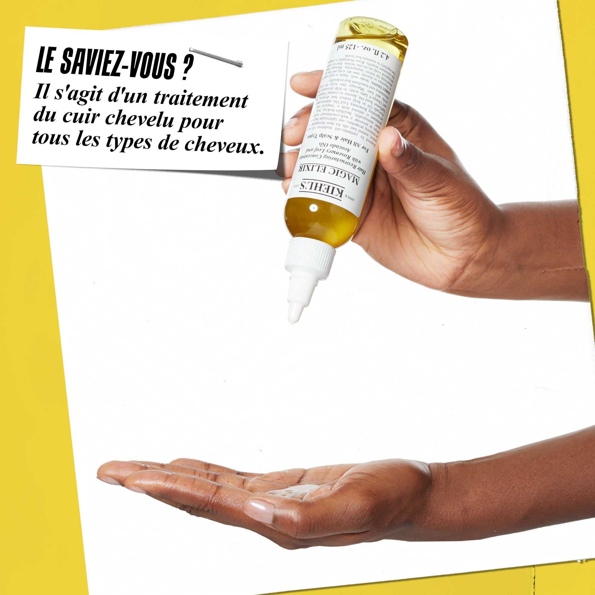 Une main versant l'huile capillaire Magic Elixir dans une autre main. Le texte indique : « Le saviez-vous ? Un soin transformateur du cuir chevelu pour tous les types de cheveux. »