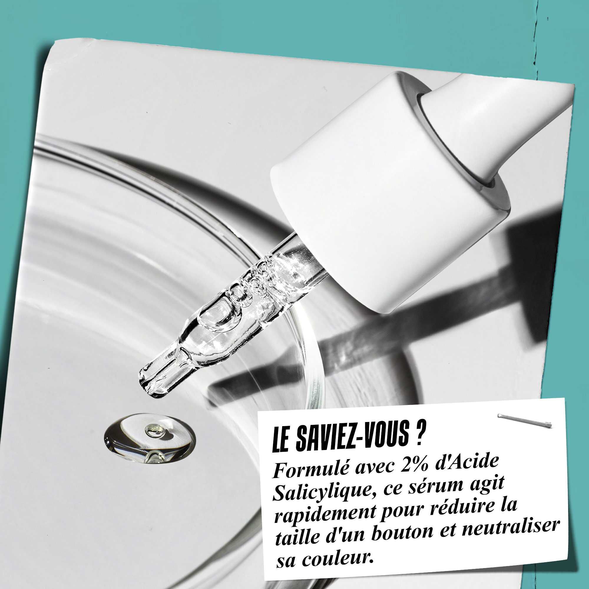 Une pipette versant la solution Truly-Targeted Blemish-Clearing Solution dans une coupelle en verre avec le texte : « Le saviez-vous ? Formule avec 2 % d'acide salicylique pour reduire la taille des boutons et neutraliser leur couleur. »