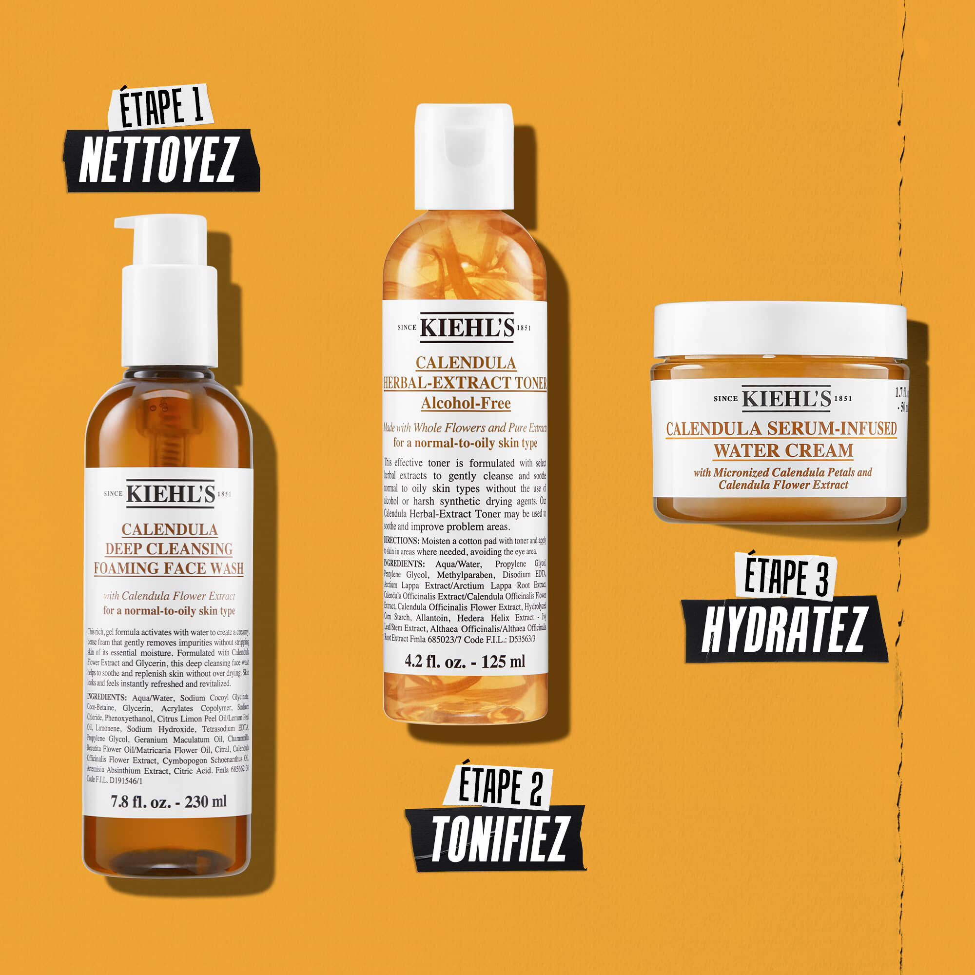 Illustration de la routine avec le Nettoyant Moussant au Calendula Kiehl's - Nettoyer, Tonifier, Hydrater