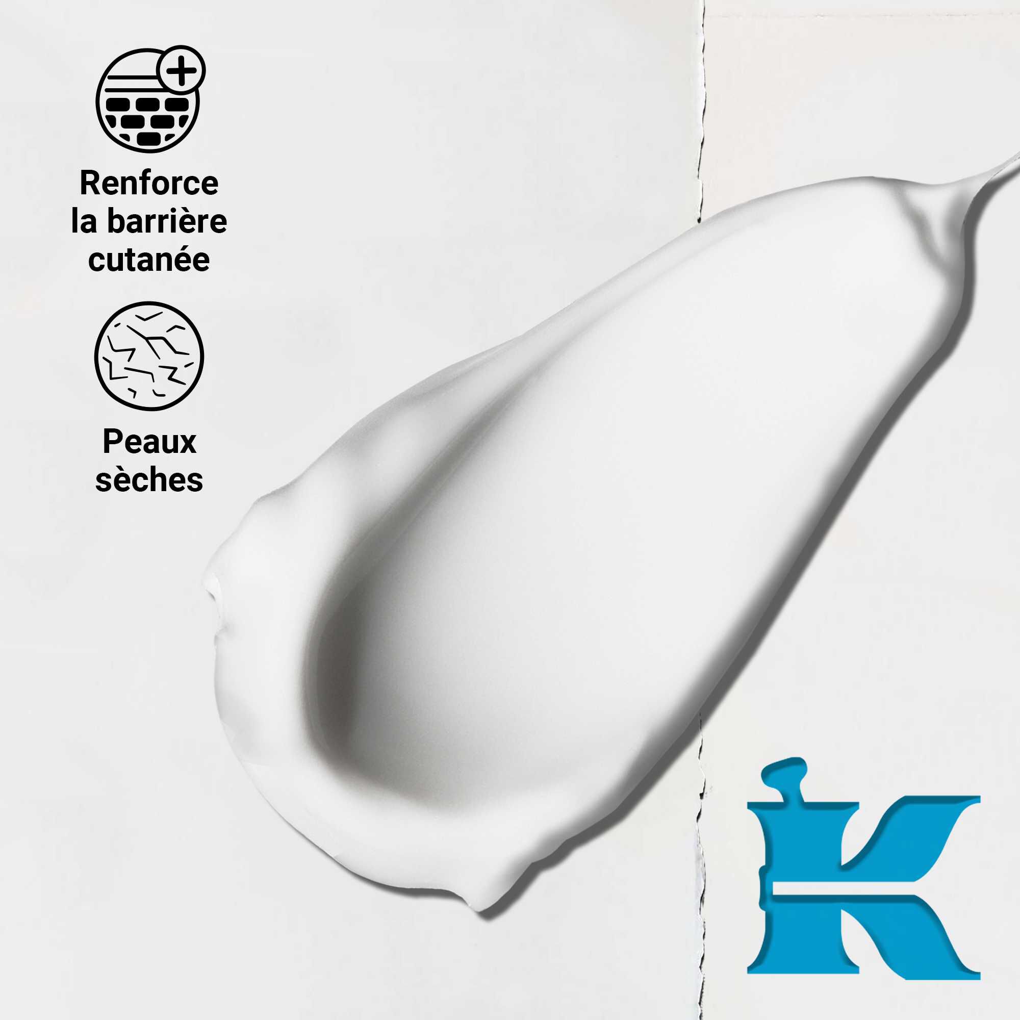 Photo de la texture avec des icones indiquant qu'elle renforce la barriere cutanee et convient aux peaux seches