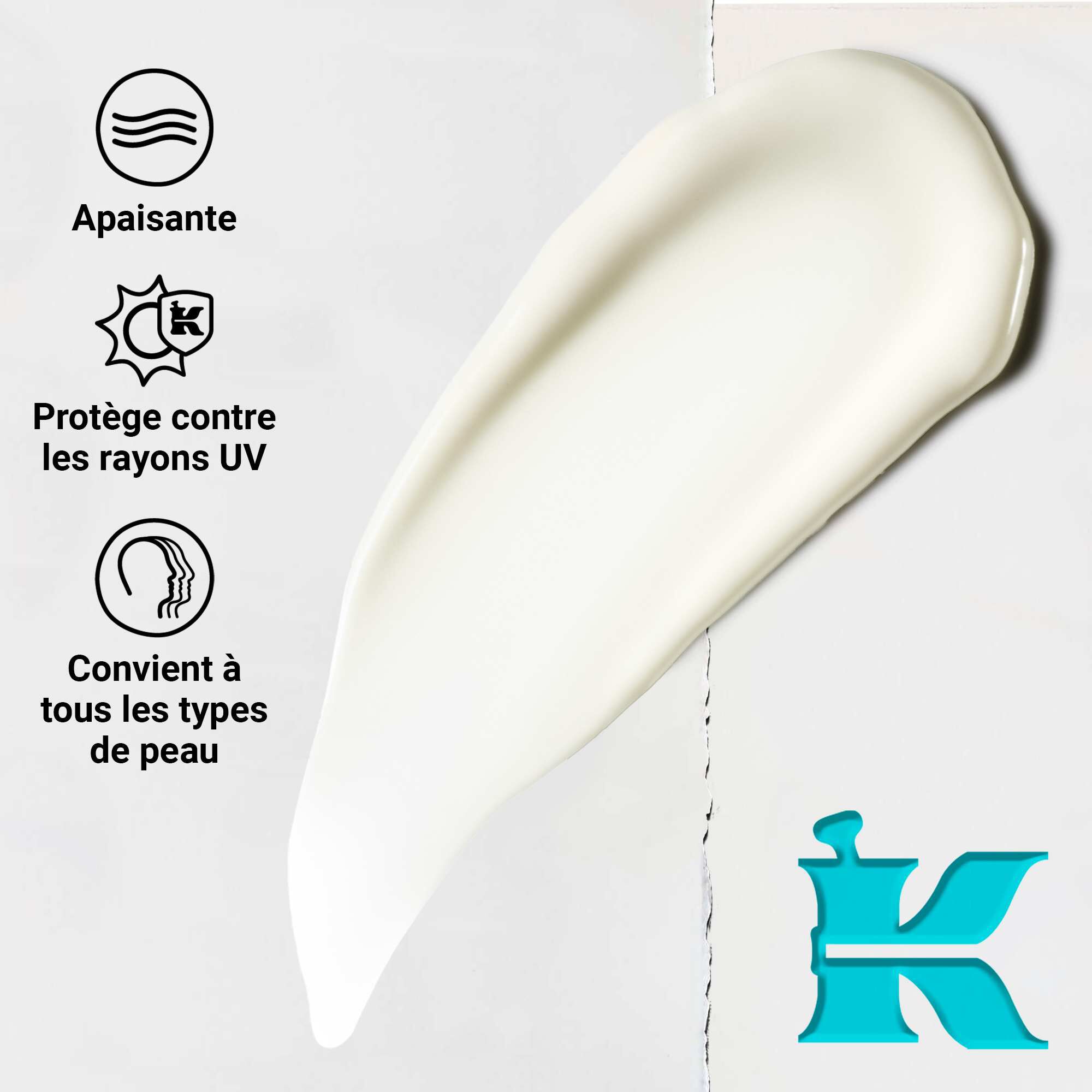 Gros plan sur la texture de l'Ultra Light Daily UV Defense Aqua Gel montrant une formule legere et cremeuse. Le texte souligne les bienfaits apaisants et la protection UV, convenant a tous les types de peau.