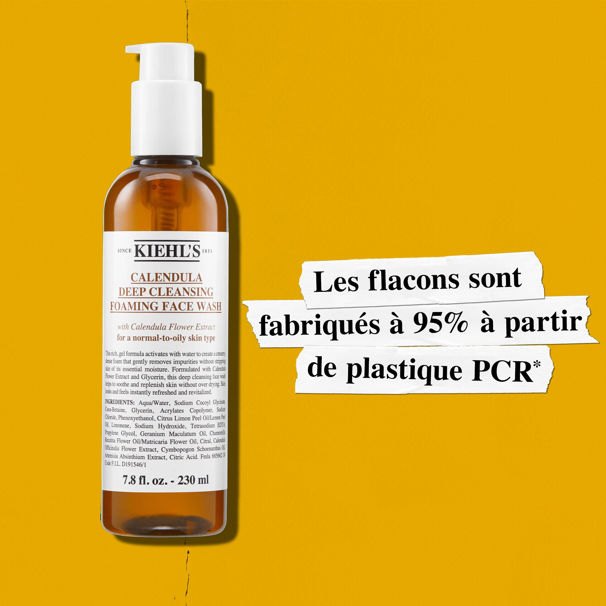 Les flacons du Nettoyant Moussant au Calendula Kiehl's sont fabriques avec 95 % de plastique recycle (PCR)