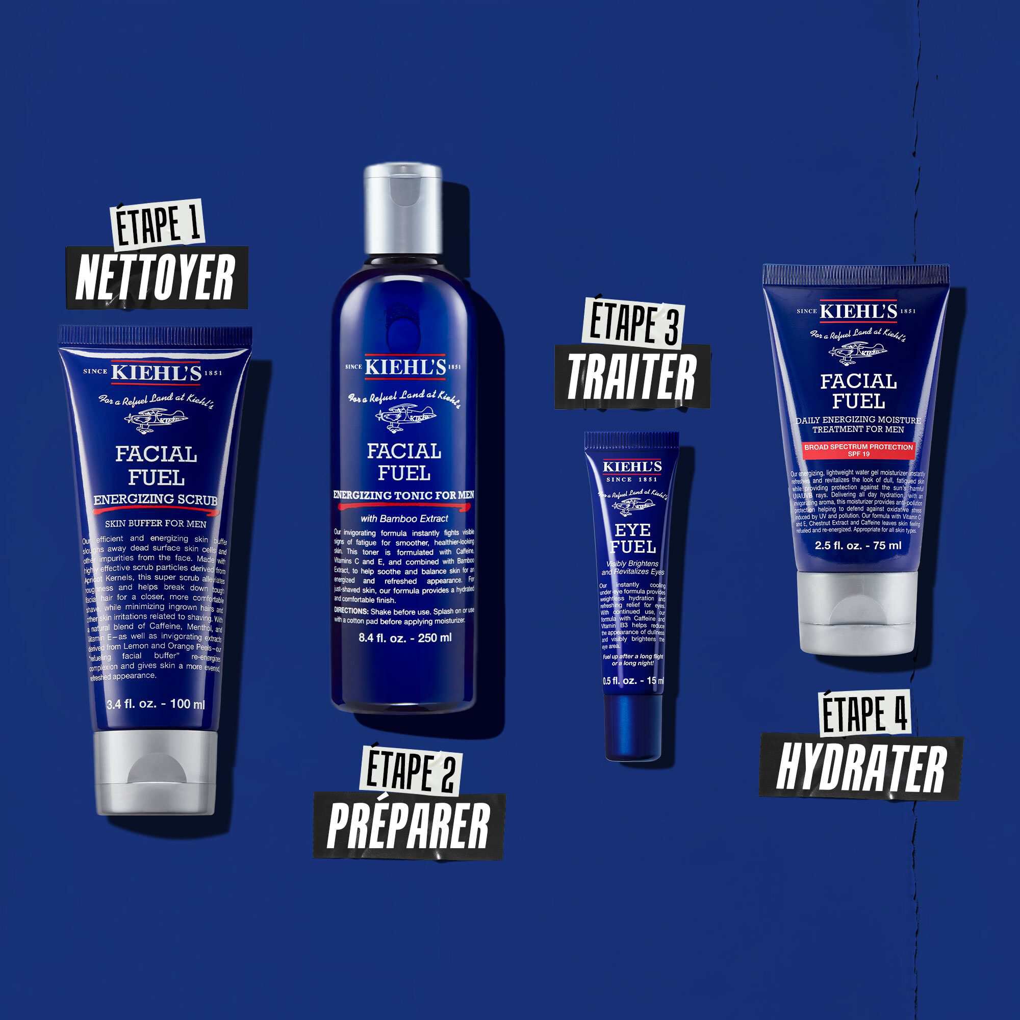Routine en quatre etapes pour nettoyer, tonifier, traiter et hydrater.