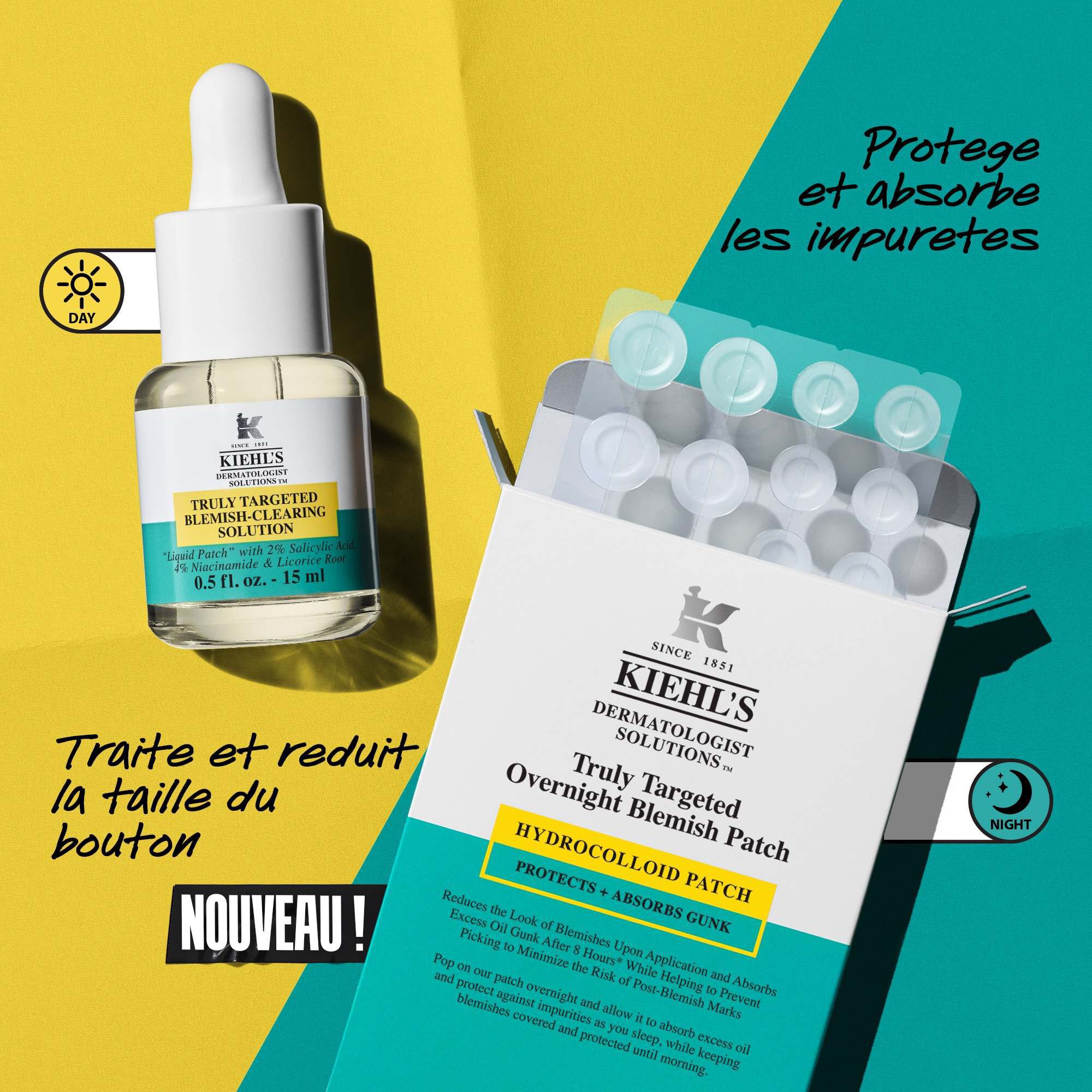 Split comparison of acne serum and spot patches, promoting targeted blemish treatment, day and night use, and benefits for pimples, redness, and oil control.