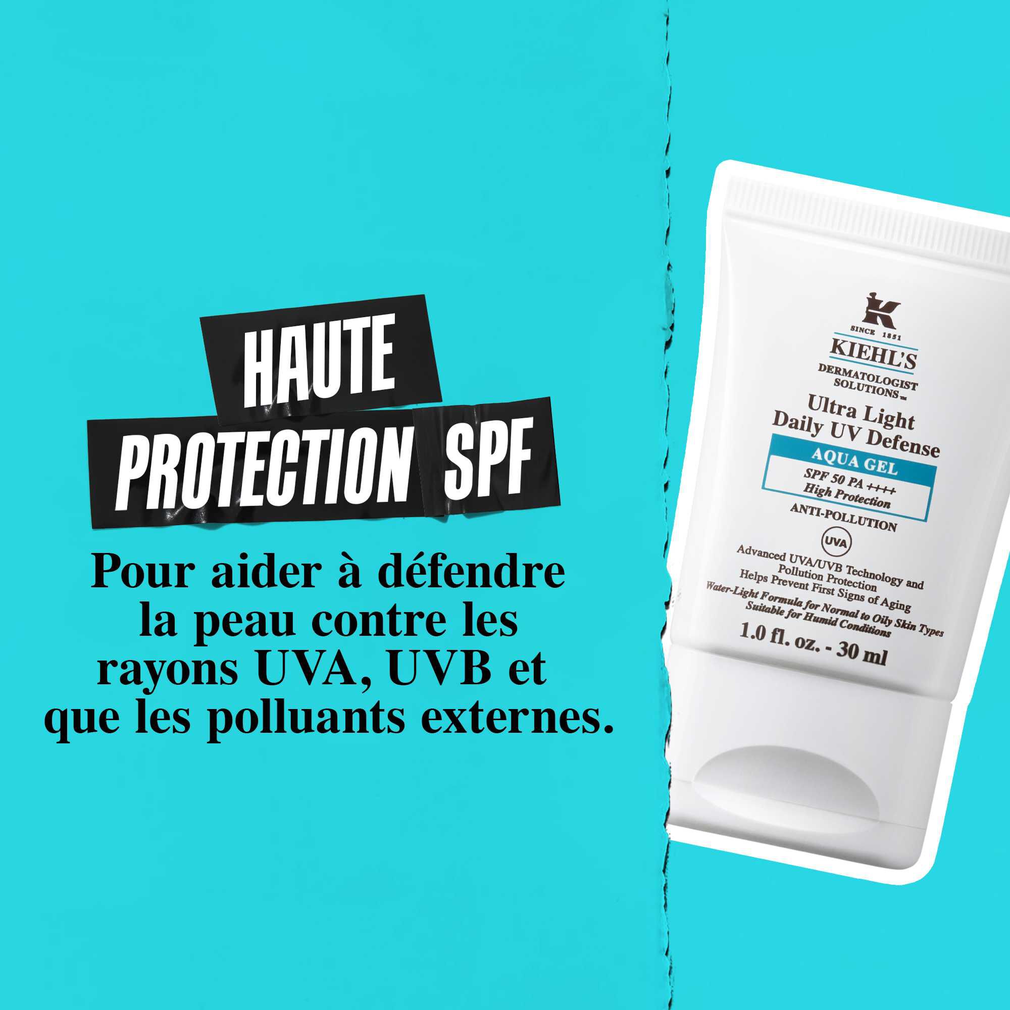 Un tube de Ultra Light Daily UV Defense Aqua Gel sur fond bleu avec le texte : « Haute protection SPF pour aider a defendre la peau contre les rayons UVA et UVB, les polluants externes et les radicaux libres. »