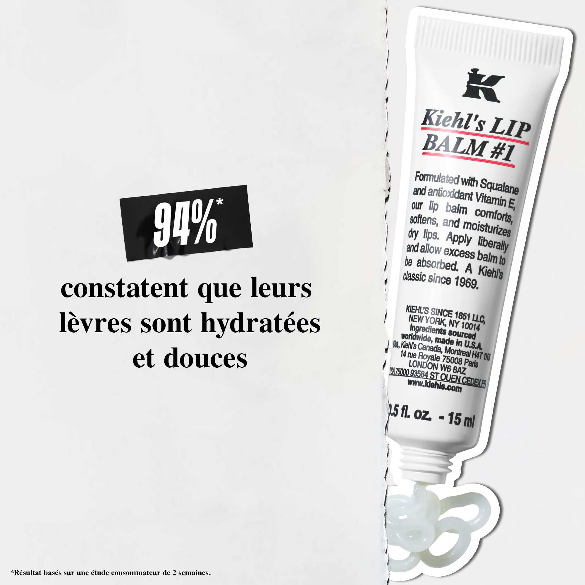 Un tube de Lip Balm #1 sur fond blanc avec le texte : « 94 % des utilisateurs trouvent leurs levres hydratees, douces et saines. »