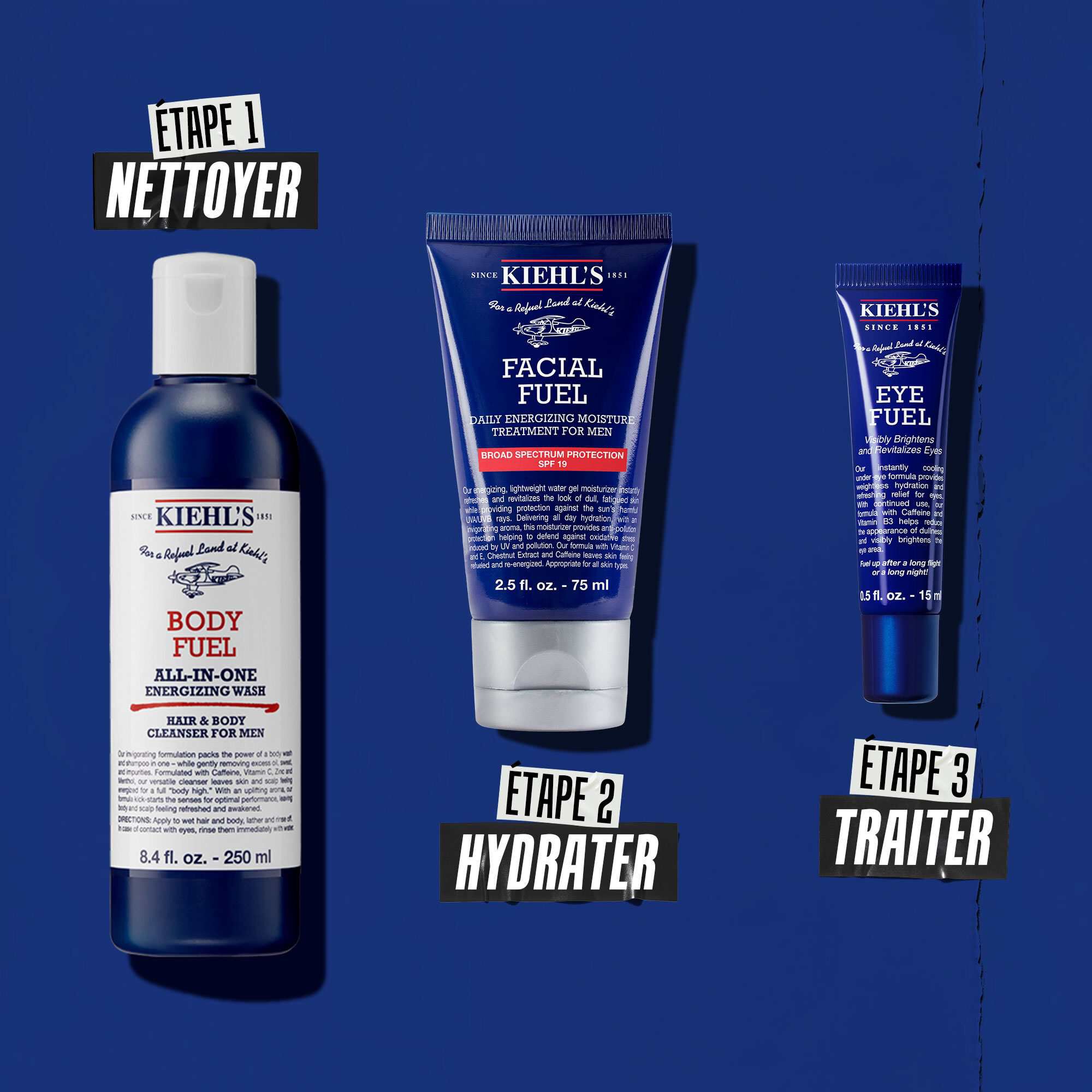 Routine Body Fuel en trois etapes : Etape 1 : Nettoyage. Etape 2 : Hydratation avec le soin Facial Fuel. Etape 3 : Soin yeux Facial Fuel Eye Fuel.