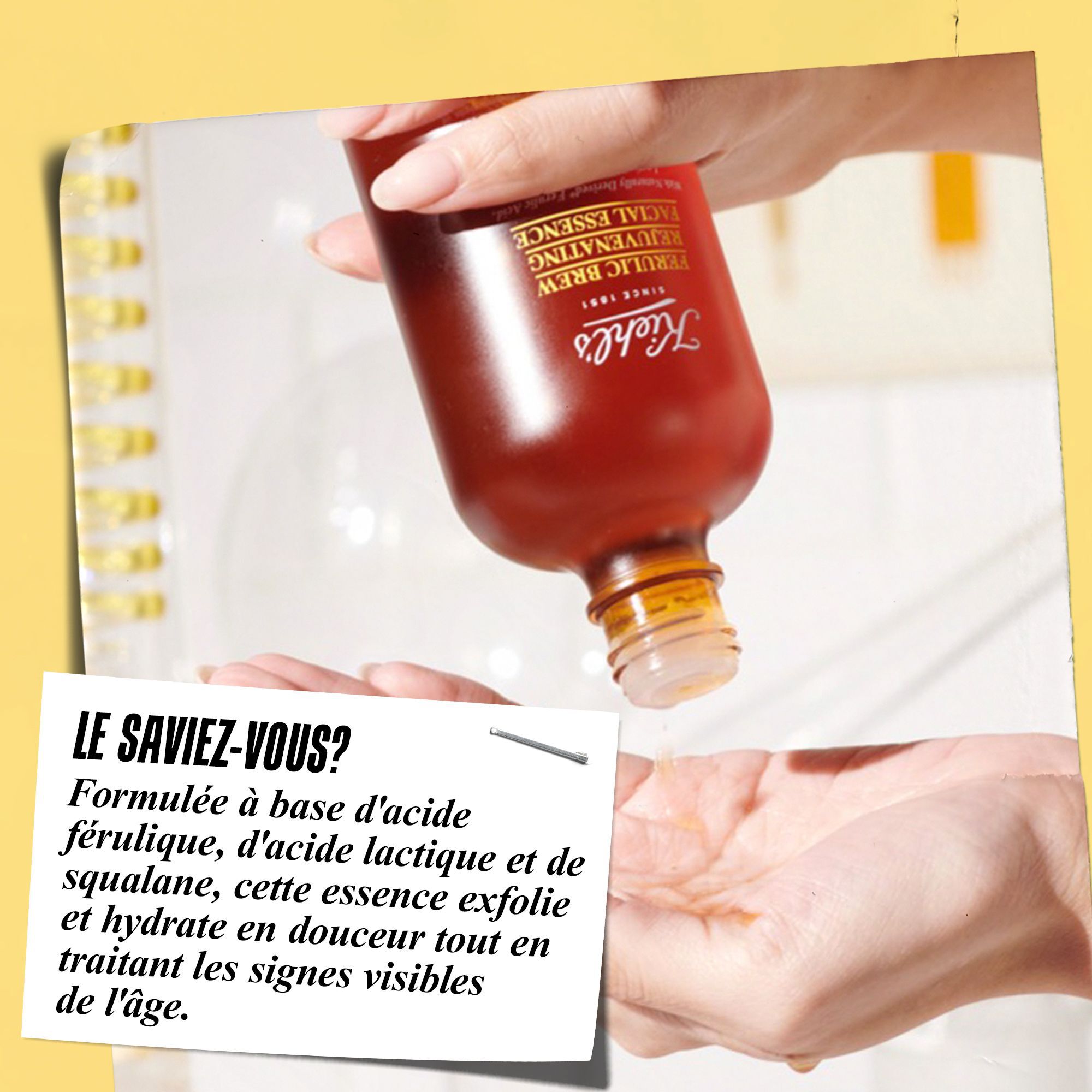 A graphic featuring  pouring liquid from a bottle into the palm of another hand. A box reads: "DID YOU KNOW? Formulated with Ferulic Acid, Lactic Acid, and Squalane, this essence gently exfoliates and moisturizes while addressing aging-related concerns."