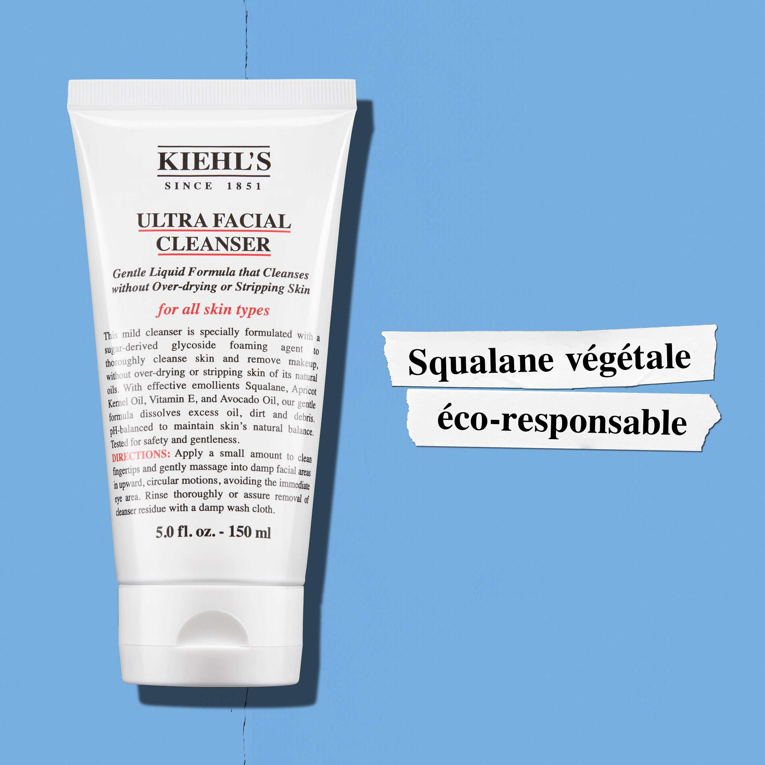 L'Ultra Facial Cleanser Kiehl's contient du squalane vegetal et des noyaux d'abricot issus de sources responsables