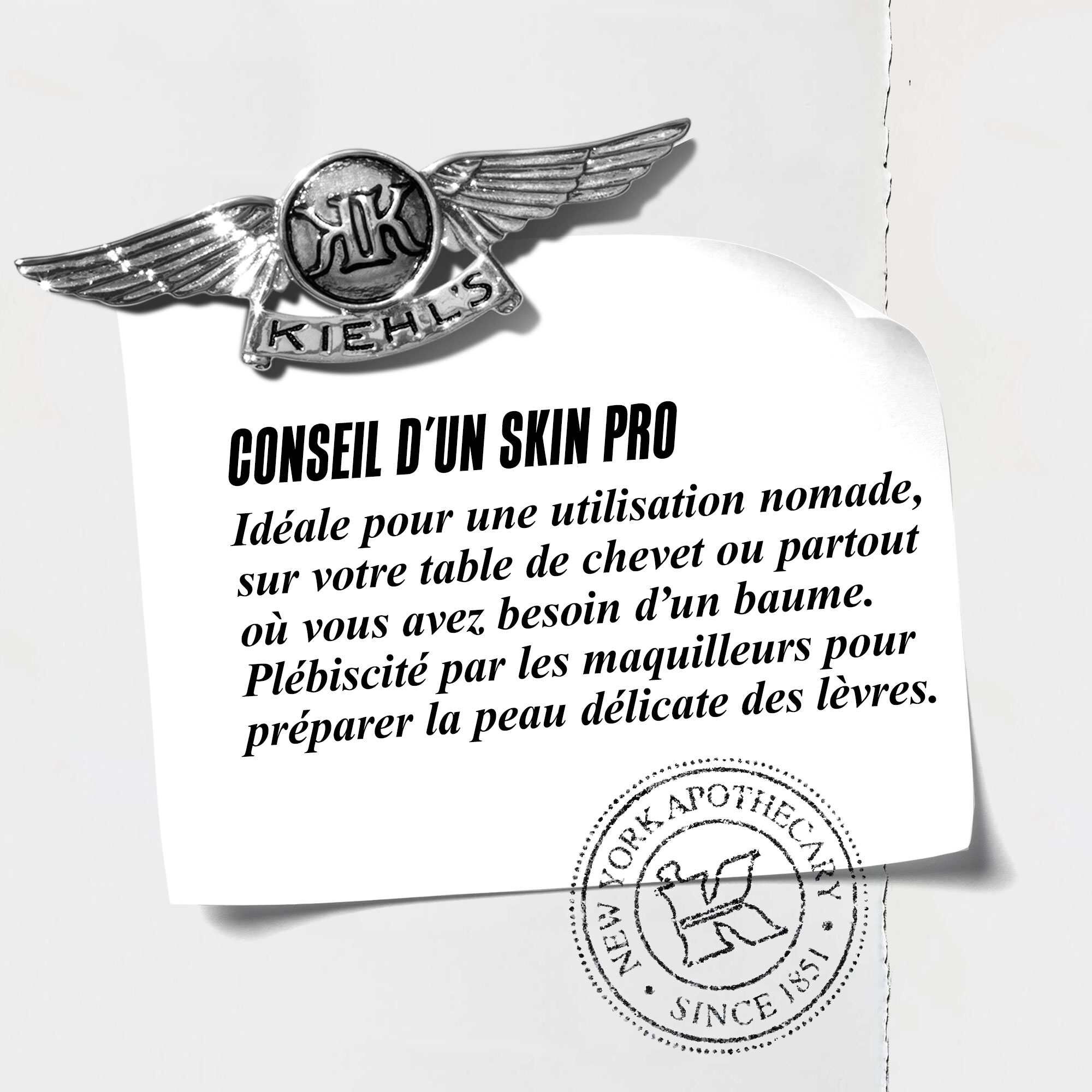 Un graphique avec le texte : « Conseil d'expert : Ideal pour une utilisation nomade, sur votre table de chevet ou partout ou vous avez besoin d'un baume. Un favori des maquilleurs pour preparer la peau delicate des levres. »