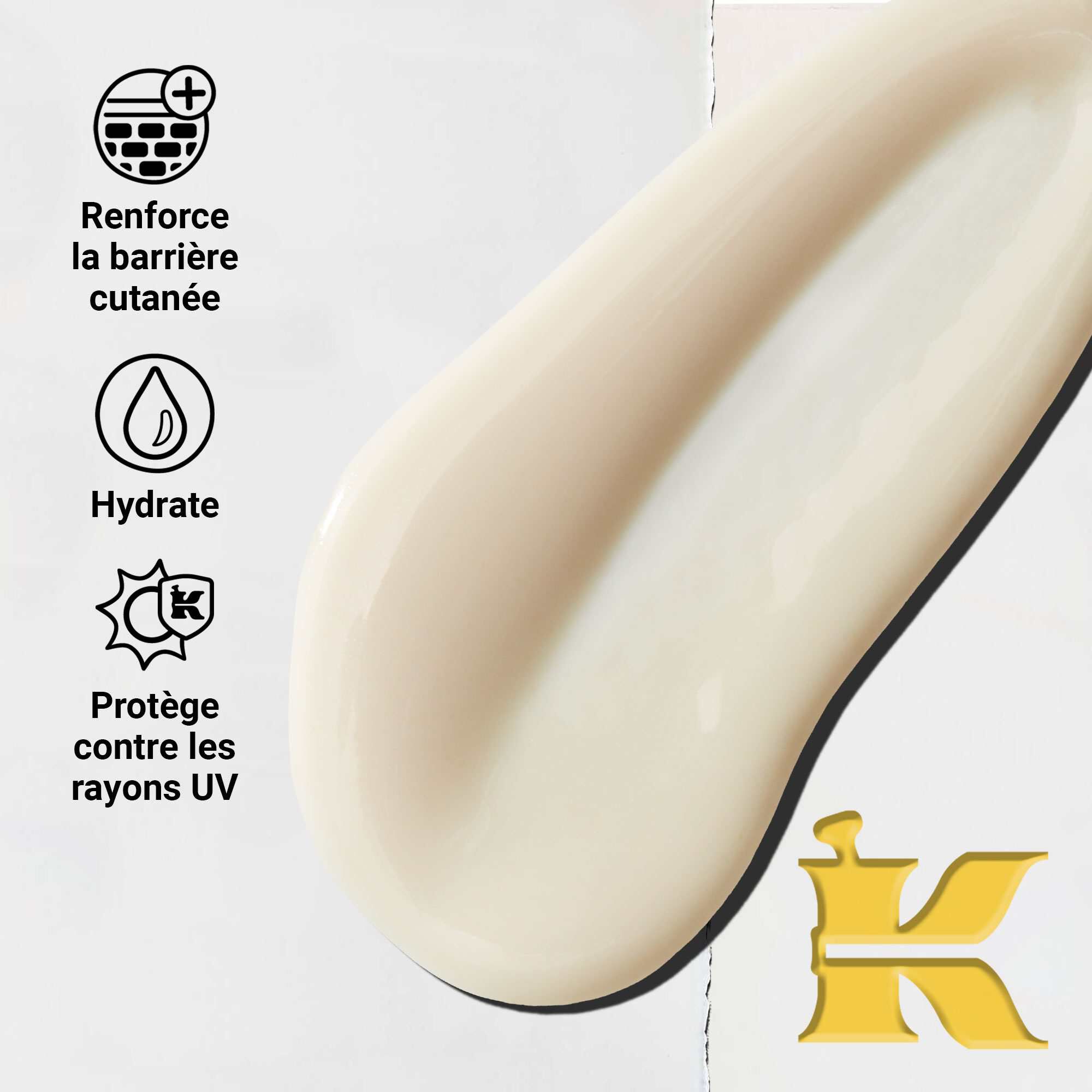 Gros plan sur la texture de l'Ultra-Light Daily UV Defense. Le texte souligne sa legerete, son hydratation et sa protection UV a large spectre.