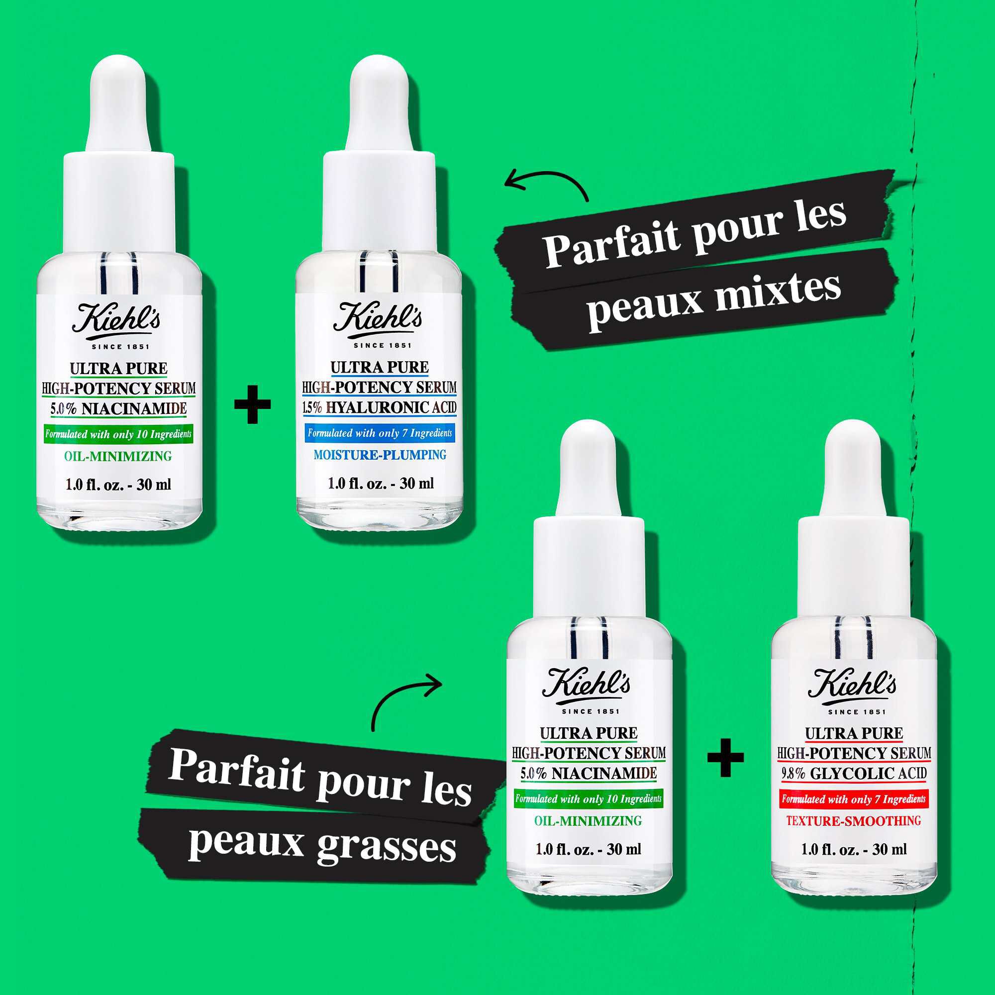 Illustration du layering avec des pots montrant les options pour differents types de peau