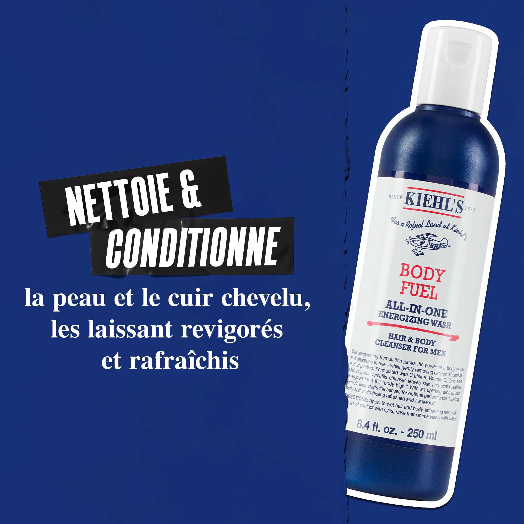 Nettoyant Body Fuel All-In-One Energizing Wash : nettoie et prend soin de la peau, des cheveux et du cuir chevelu, pour un effet rafraichissant.