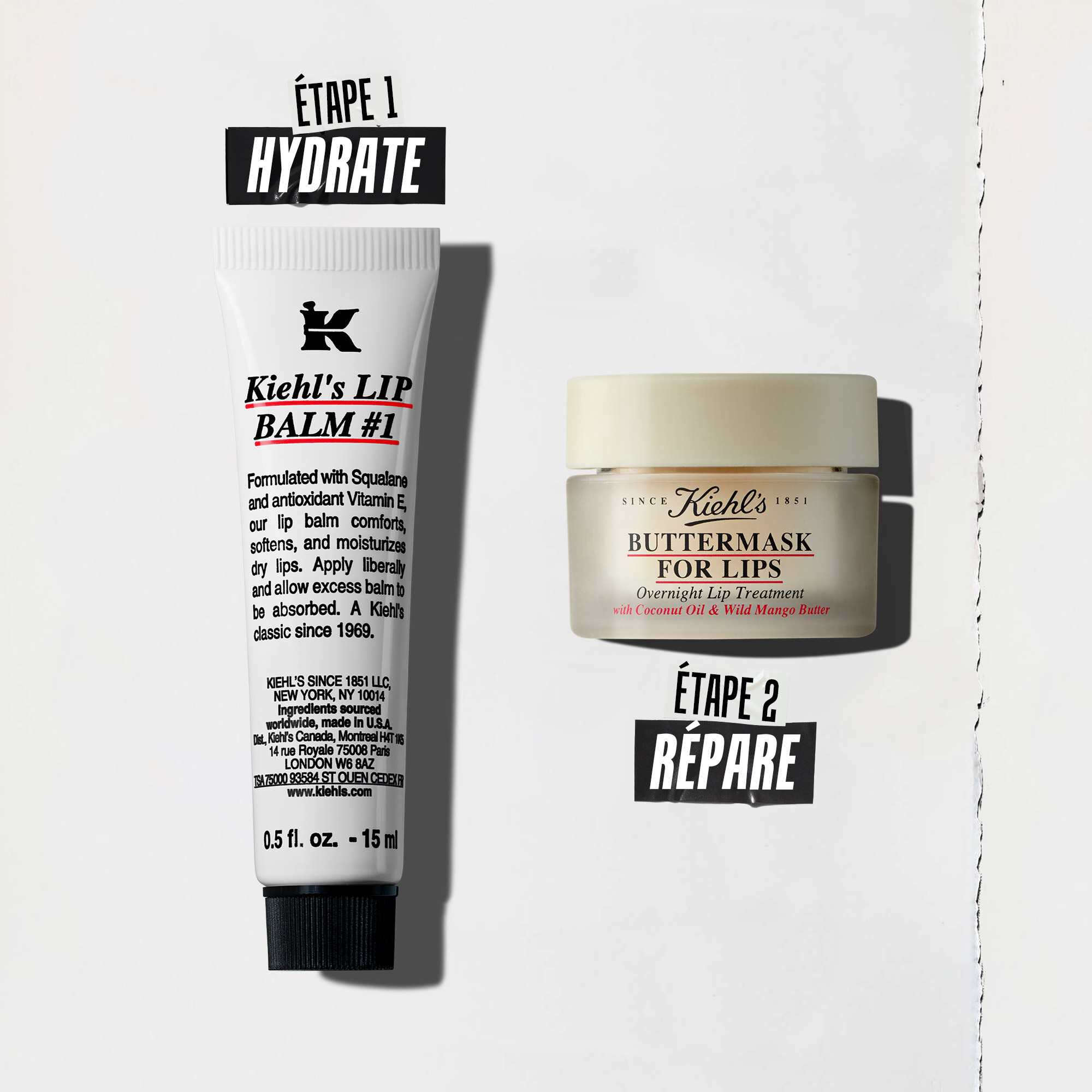 Une routine en deux etapes avec le Lip Balm #1 pour l'hydratation et le Butter Mask pour la reparation.
