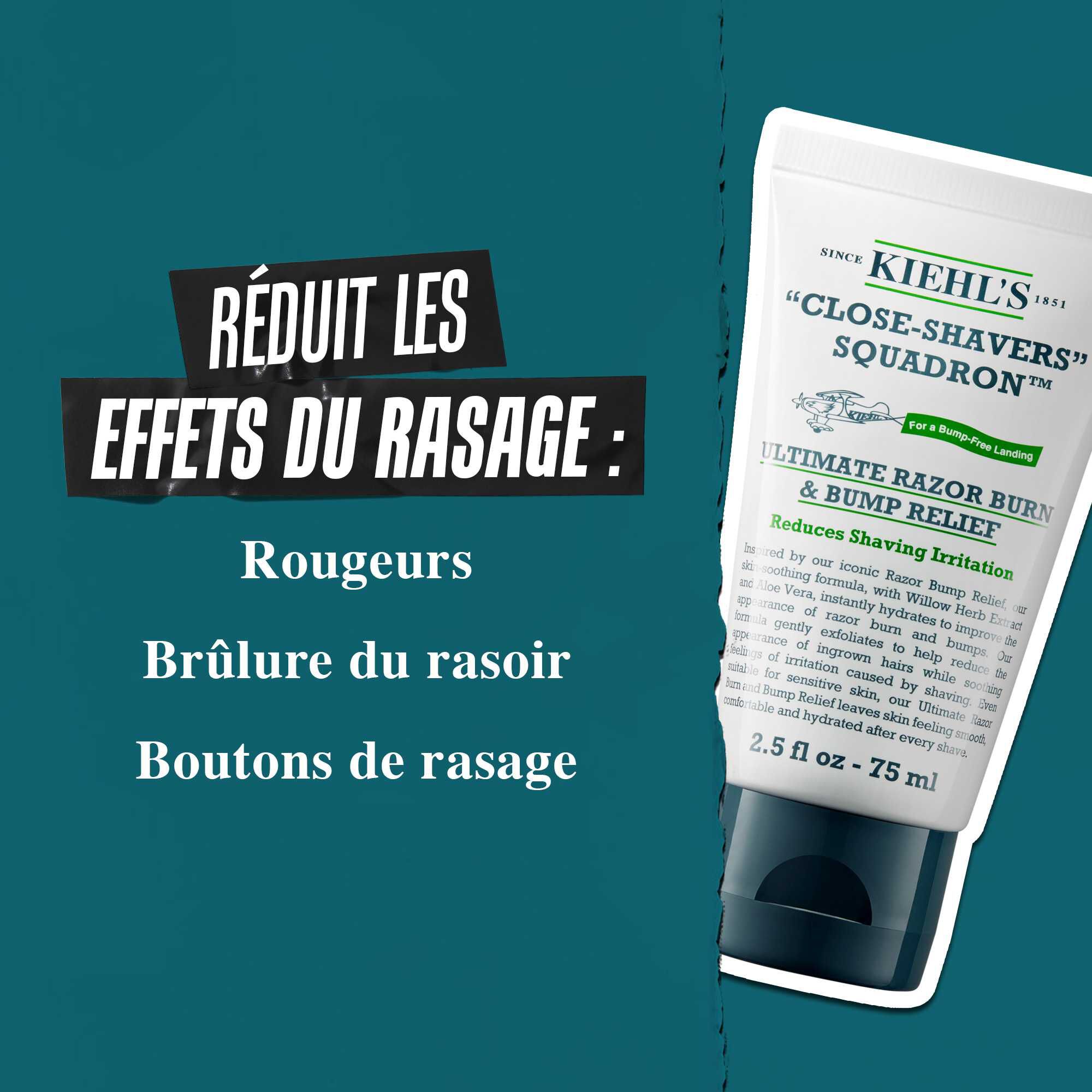 Tube de Close Shavers Squadron Smooth Glider Precision Shave Lotion sur fond bleu canard. Le texte indique : « Reduit les rougeurs apres le rasage, le feu du rasoir et les boutons de rasage. »