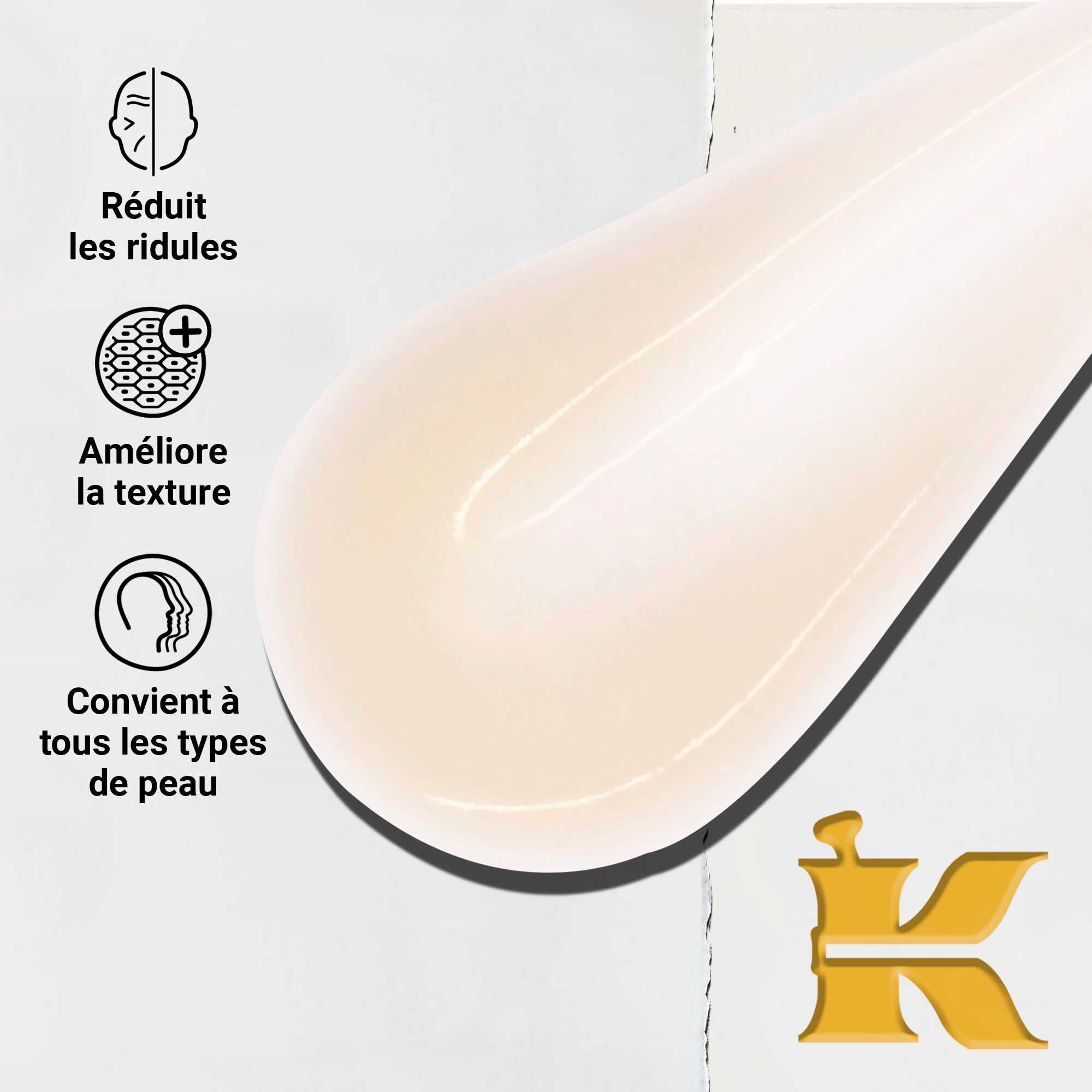 Gros plan sur la texture du Powerful-Strength Line-Reducing Concentrate. Le texte souligne sa capacite a reduire les ridules, a ameliorer la texture de la peau et sa compatibilite avec tous les types de peau.