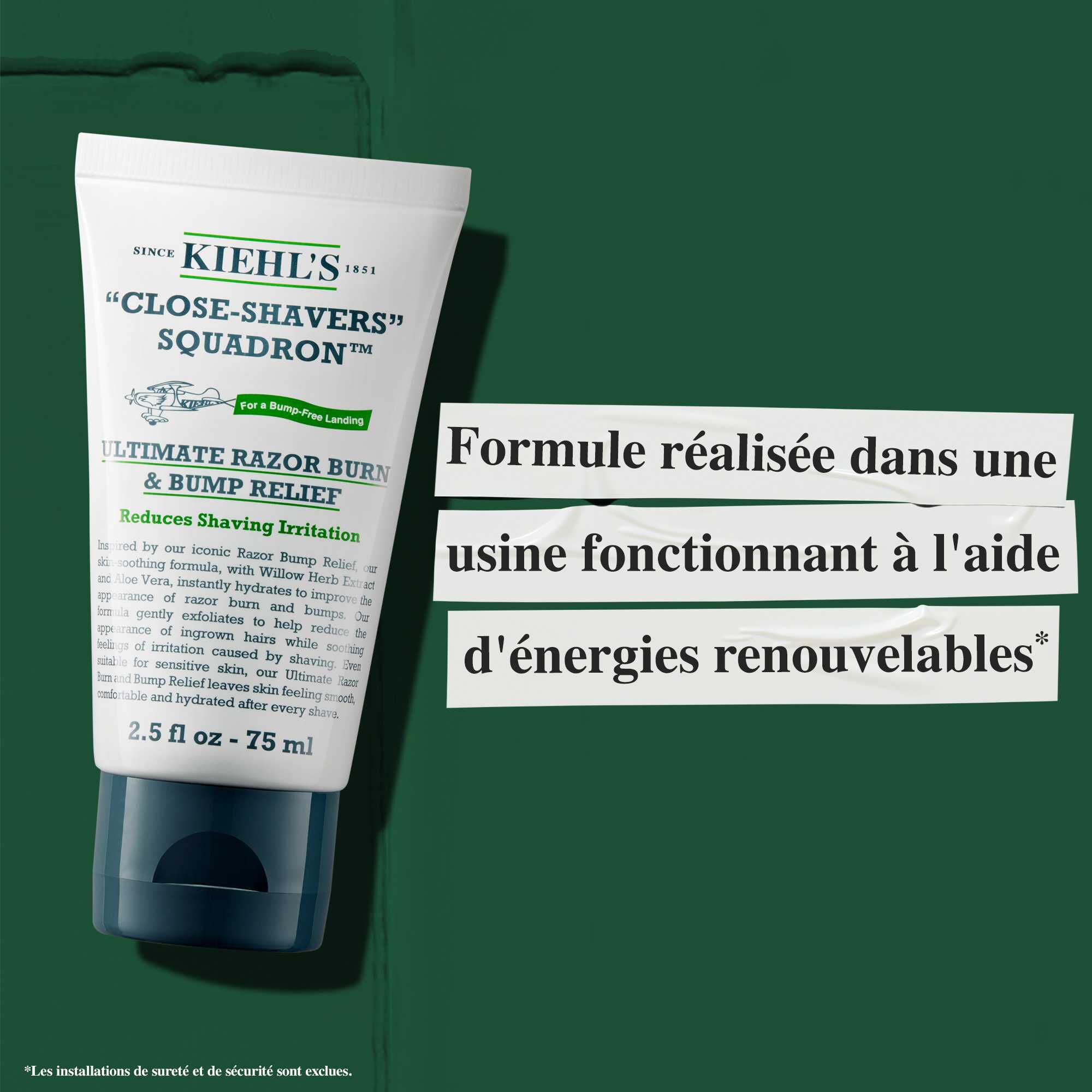 Tube de Close Shavers Squadron Smooth Glider Precision Shave Lotion avec des informations sur la durabilite : « Formule fabriquee dans une usine utilisant de l'energie renouvelable. »