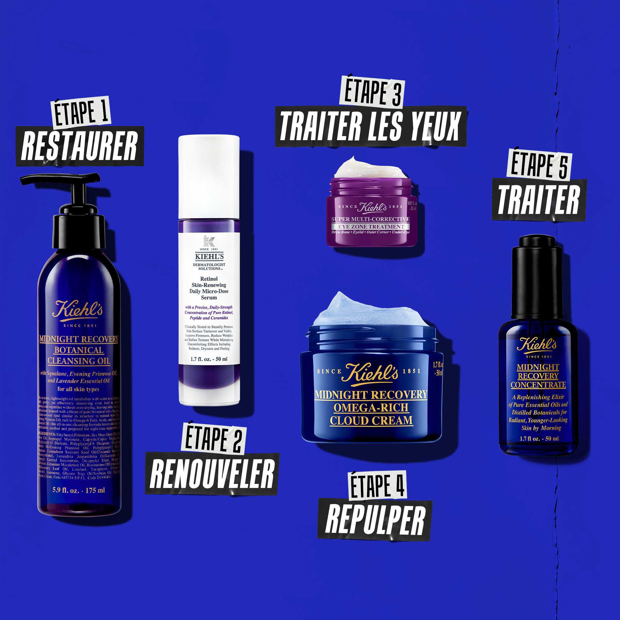 Une routine du soir en cinq etapes avec les produits Kiehl's. De gauche a droite : nettoyant, serum au retinol, creme contour des yeux, hydratant et Midnight Recovery Concentrate.