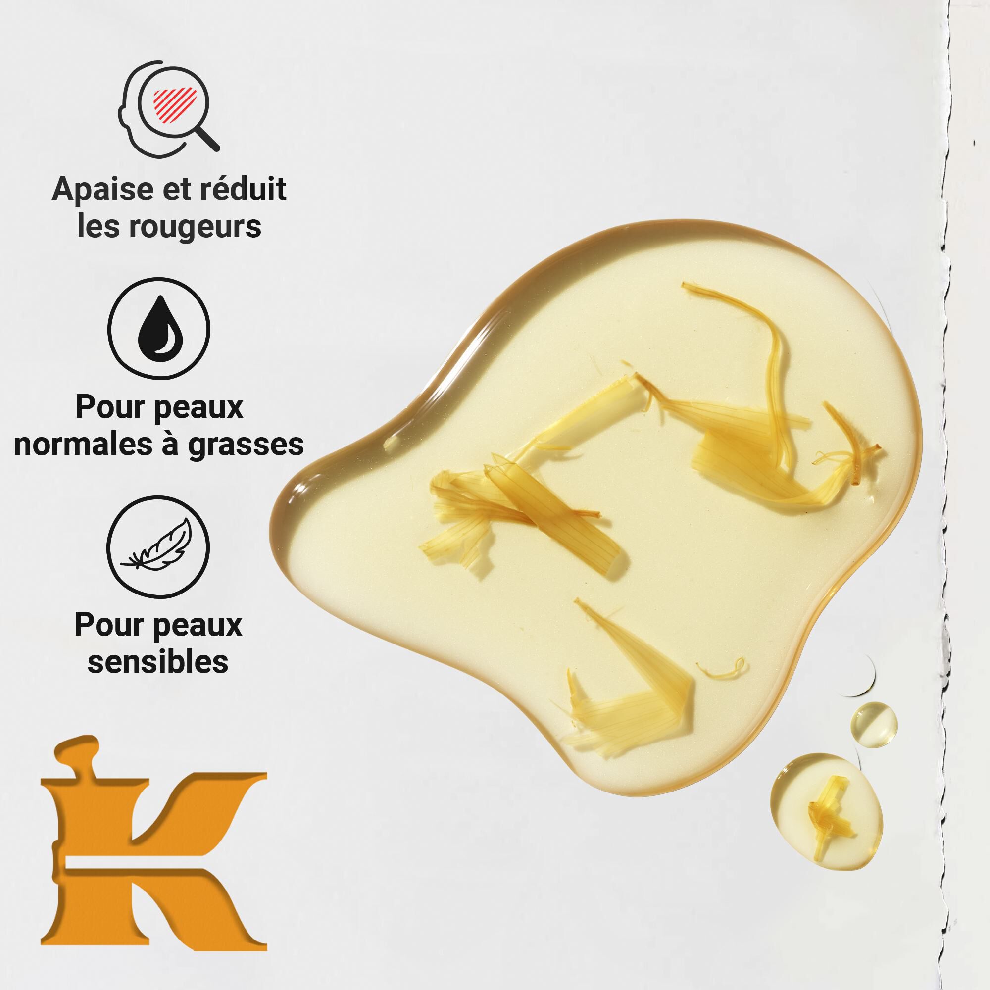 Gros plan sur la texture du tonique Calendula Herbal-Extract Toner montrant une trace de liquide infuse de petales de calendula. Le texte souligne les bienfaits pour reduire les rougeurs et la compatibilite avec les peaux grasses et sensibles.