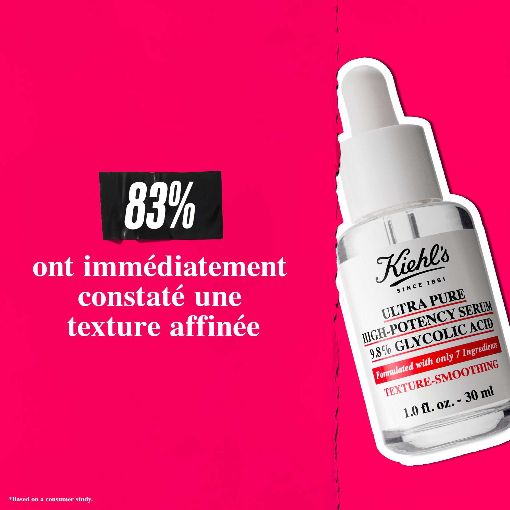Un flacon de serum Ultra Pure 9.8% Glycolic Acid sur fond rose avec le texte : « Instantanement, 83 % ont ressenti une texture affinee. »
