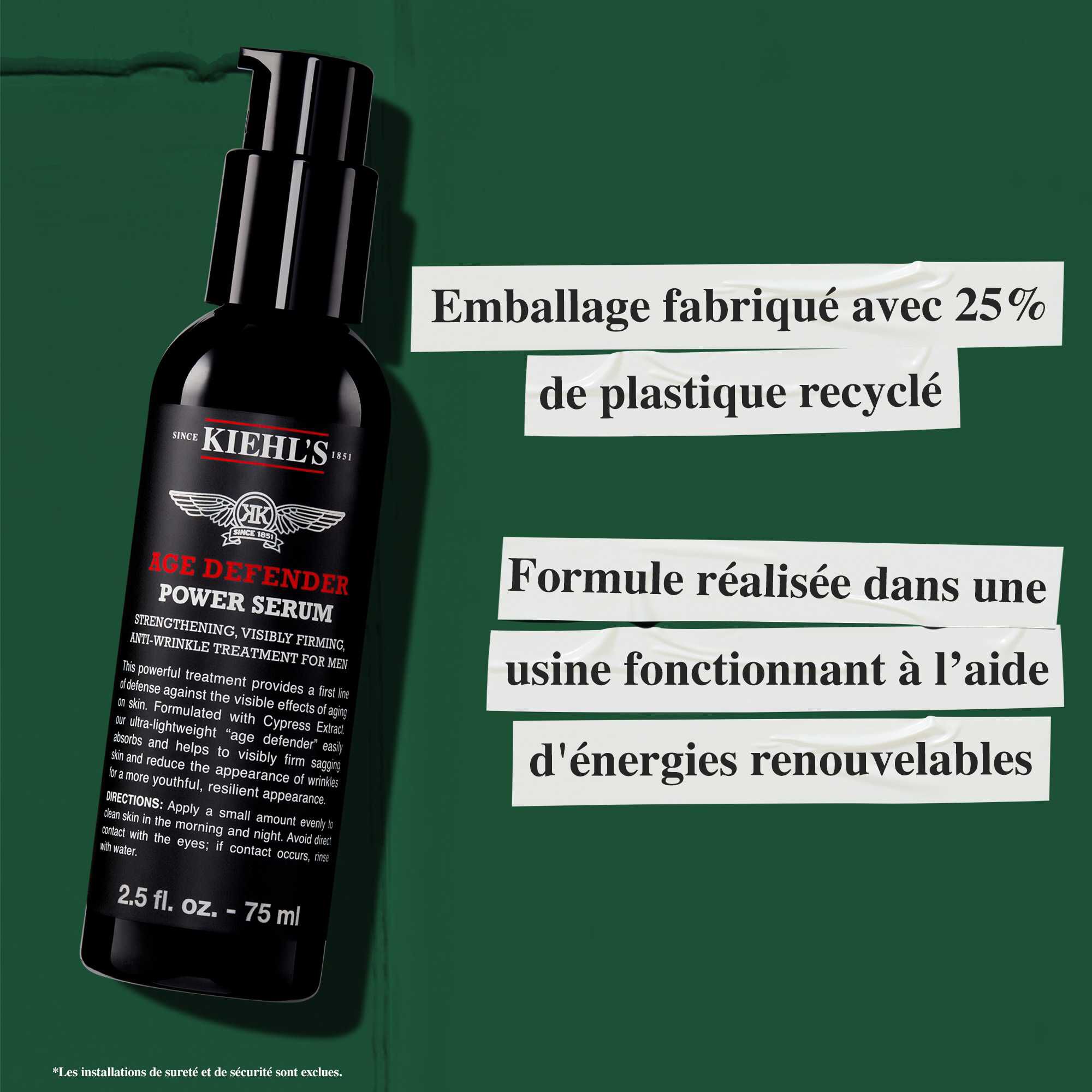 Flacon de serum Age Defender Power compose a 25 % de plastique recycle ; formule fabriquee dans une usine utilisant de l'energie renouvelable.